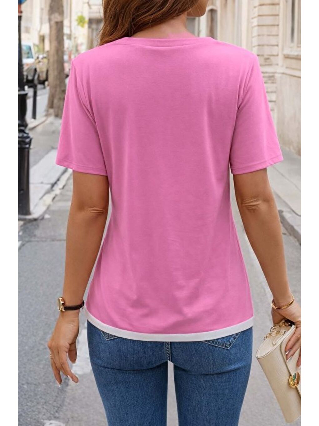 Pembe Kadın Kısa Kollu Bisiklet Yaka Viskon Bluz-3