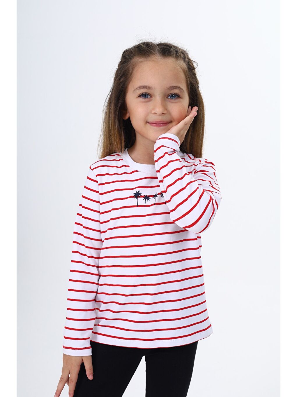 Kırmızı Kız Çocuk Çizgili Tişört-1