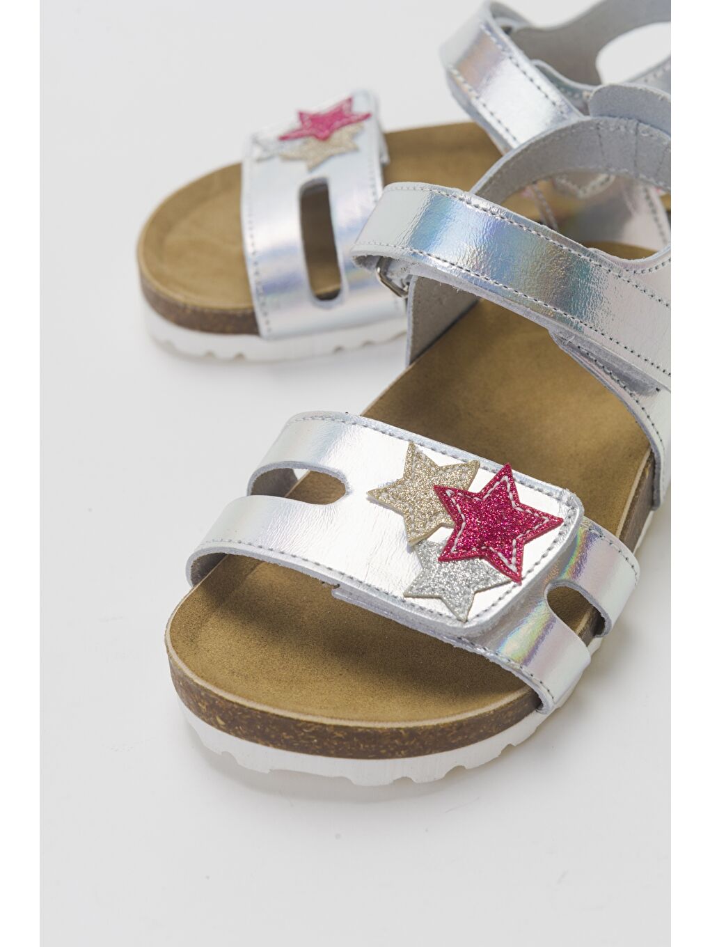 Gri Kız Çocuk Gümüş Hakiki Deri Günlük Çocuk Sandalet-1