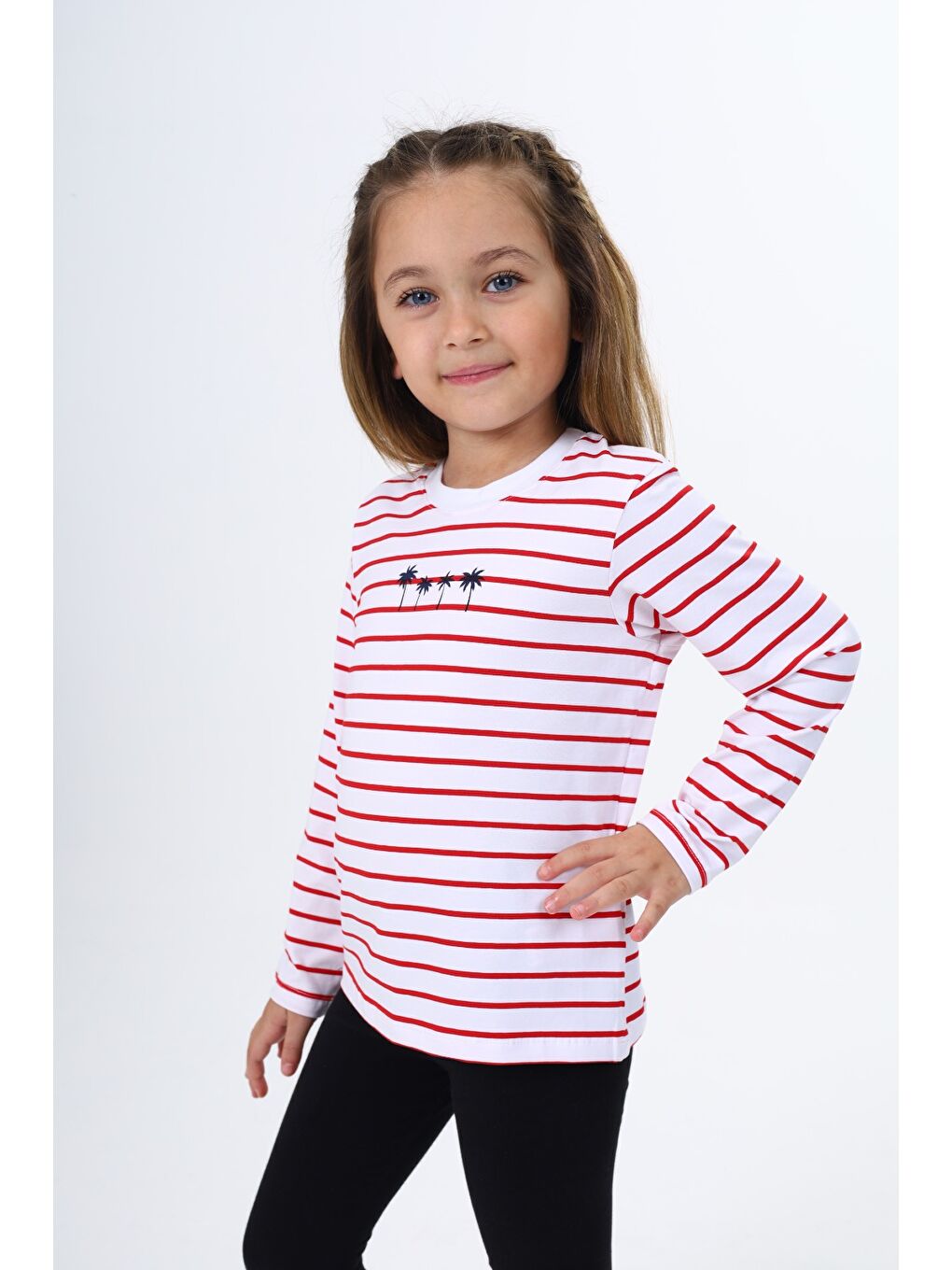 Kırmızı Kız Çocuk Çizgili Tişört-2