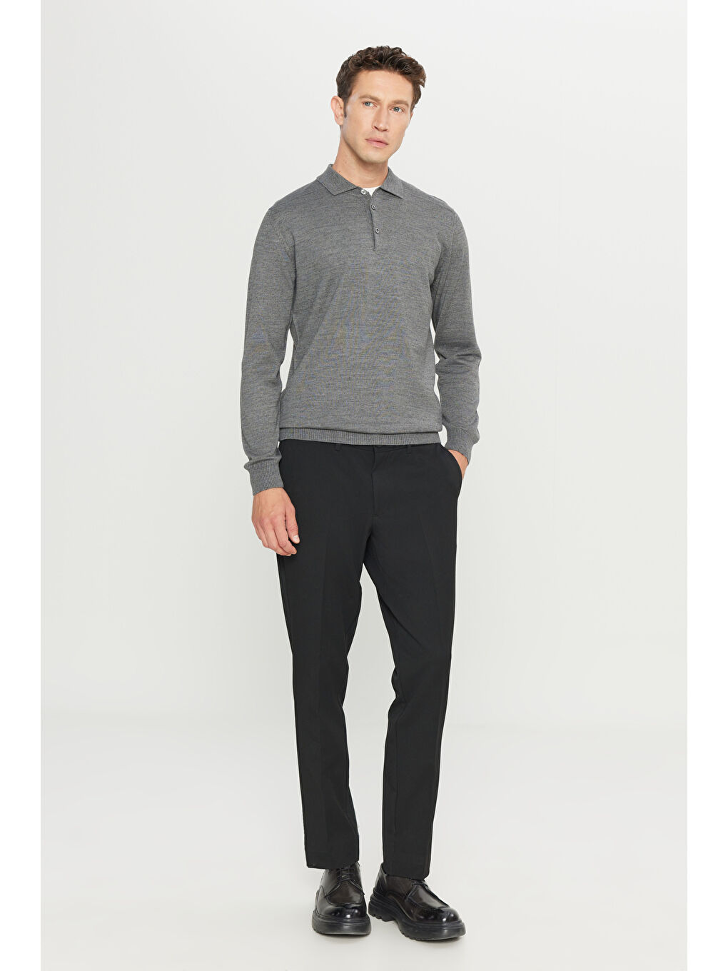 Erkek Gri Melanj Yünlü Standart Fit Normal Kesim Polo Yaka Basic Triko Kazak-1