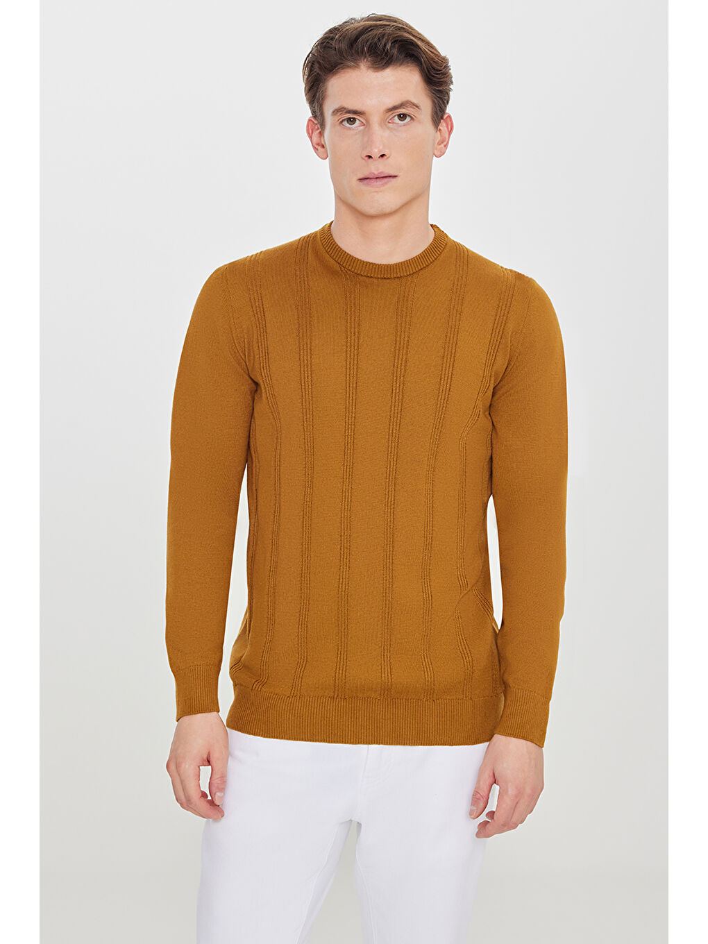 Erkek Kahverengi %100 Pamuk Standart Fit Bisiklet Yaka Jakarlı Triko Kazak