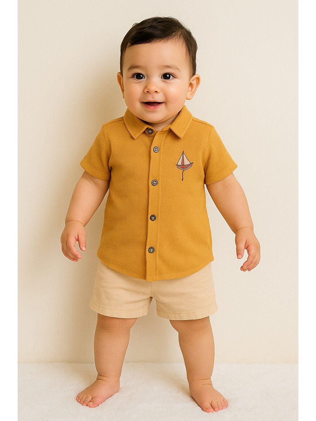 Turuncu Tarz Erkek Bebek Gömlekli Yelken Desenli Belden Ayarlanabilir Kısa Kollu Şortlu 2'li Takım