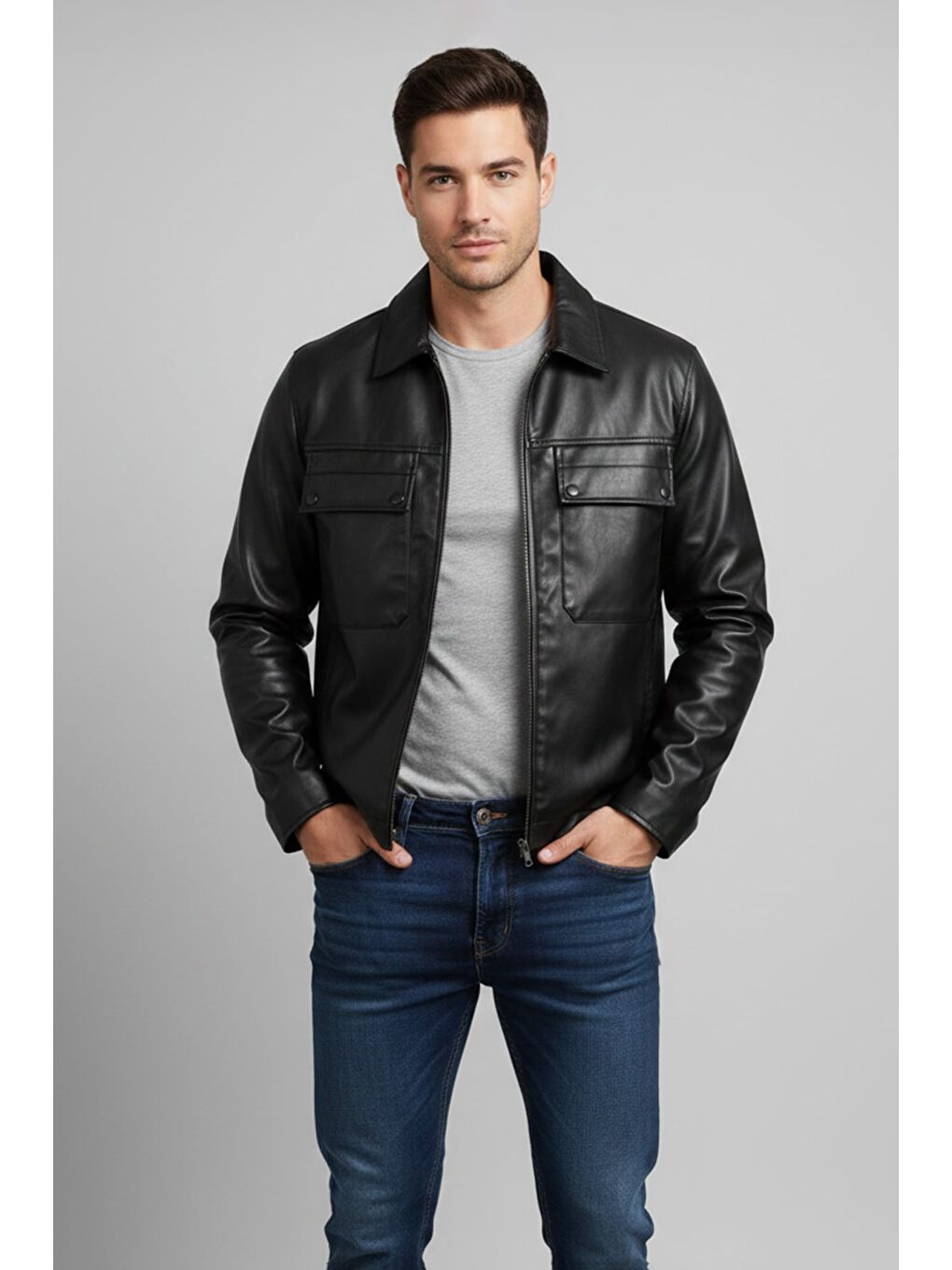 Siyah Fermuarlı Çift Cepli Suni Deri Ceket