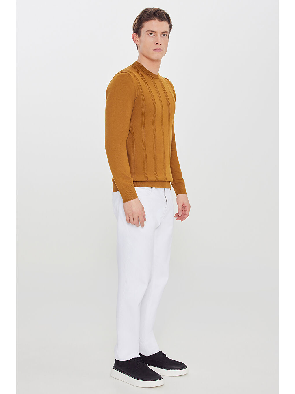 Erkek Kahverengi %100 Pamuk Standart Fit Bisiklet Yaka Jakarlı Triko Kazak-1