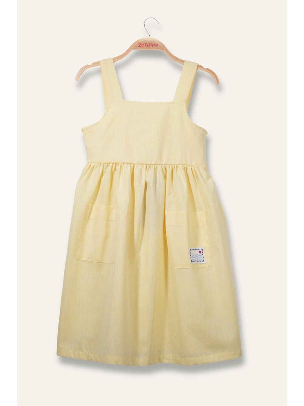 Kız Çocuk Askılı Cepli Midi Elbise - Sarı