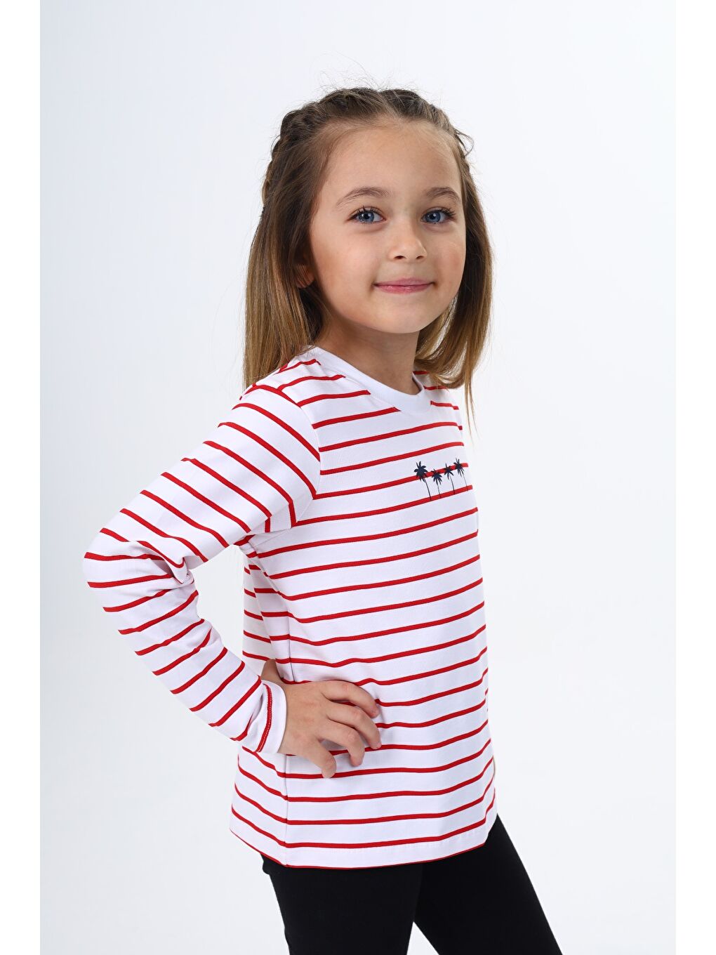 Kırmızı Kız Çocuk Çizgili Tişört-4