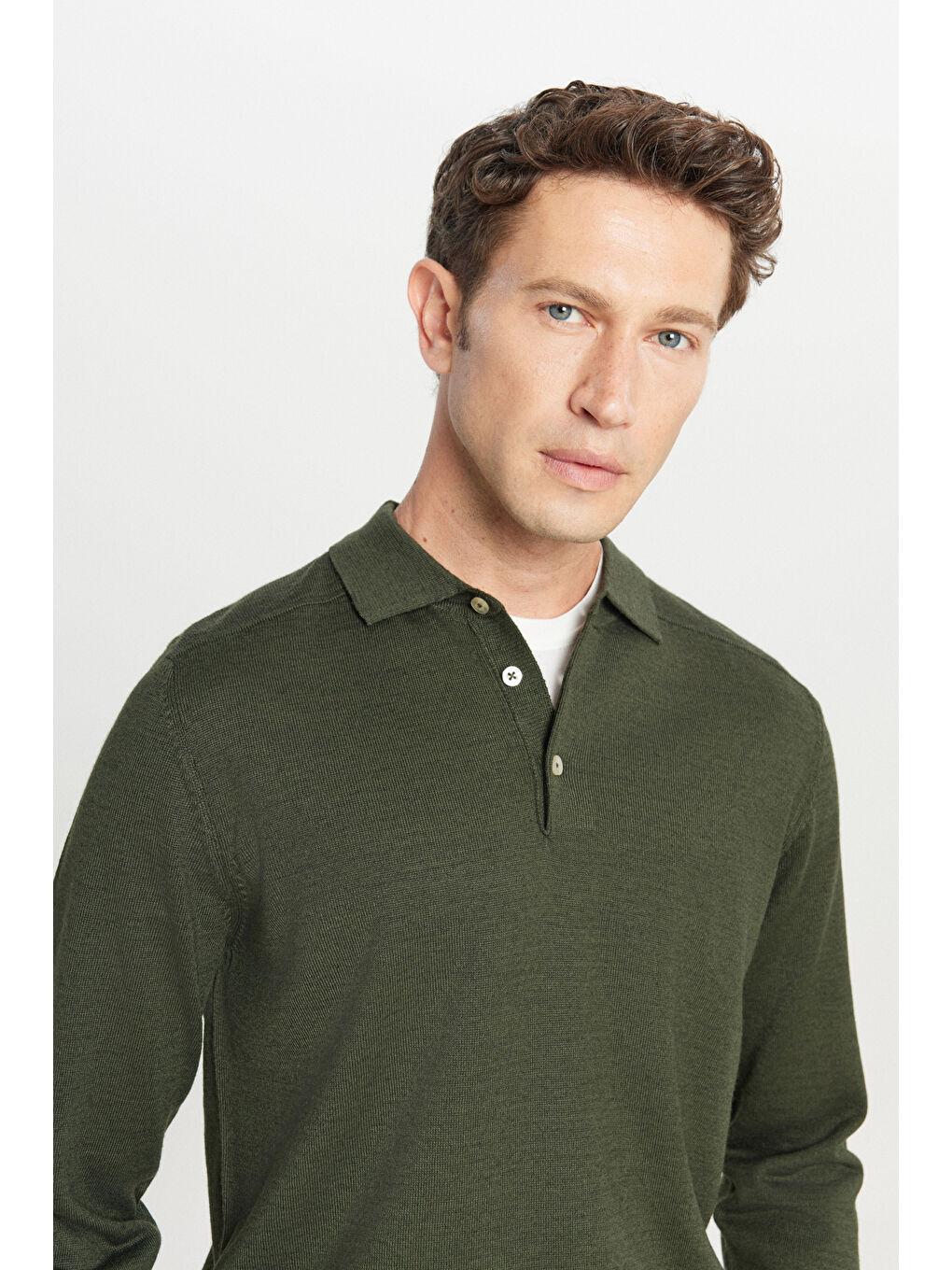 Erkek Haki Yünlü Standart Fit Normal Kesim Polo Yaka Basic Triko Kazak-3