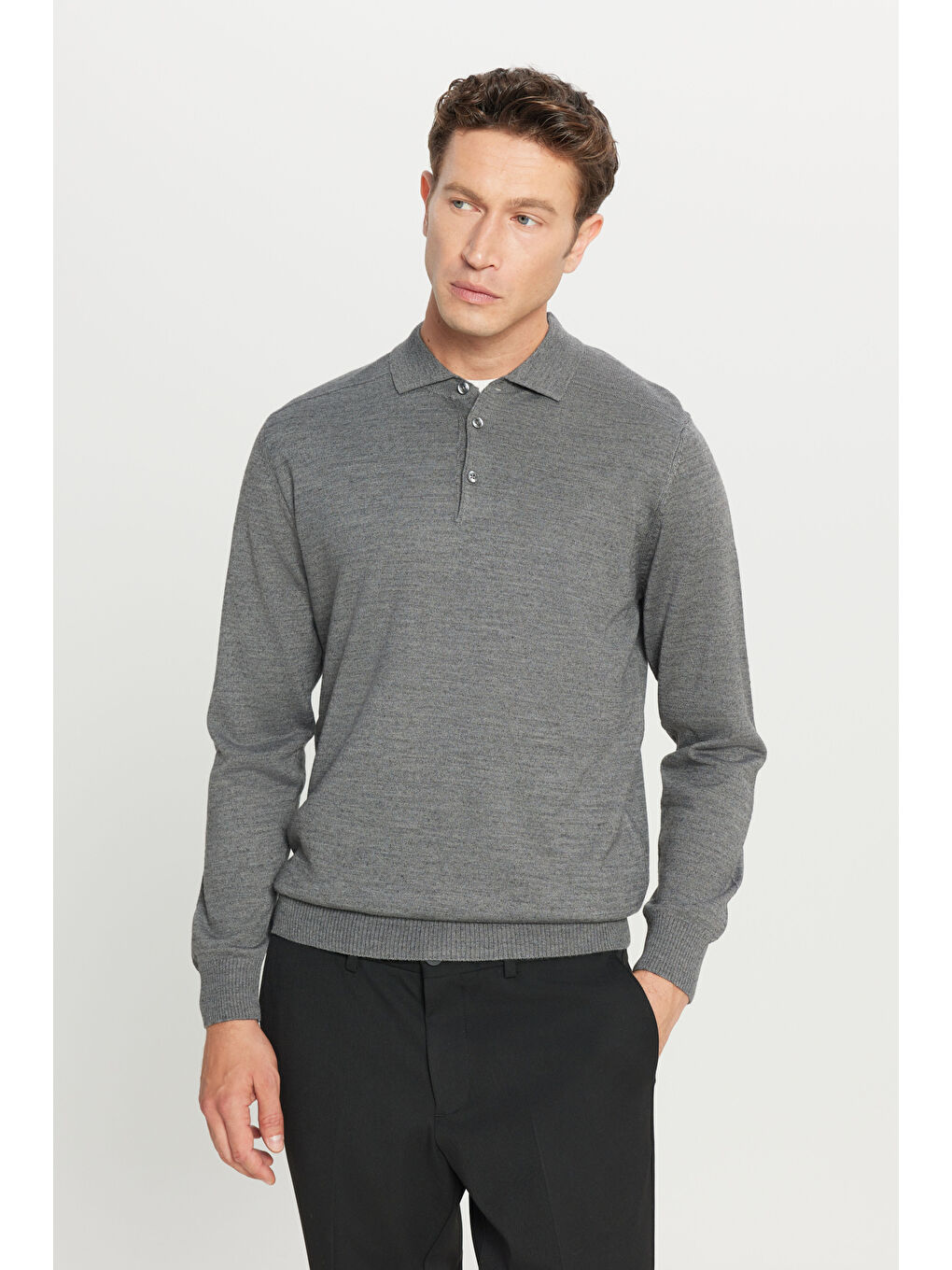 Erkek Gri Melanj Yünlü Standart Fit Normal Kesim Polo Yaka Basic Triko Kazak-2
