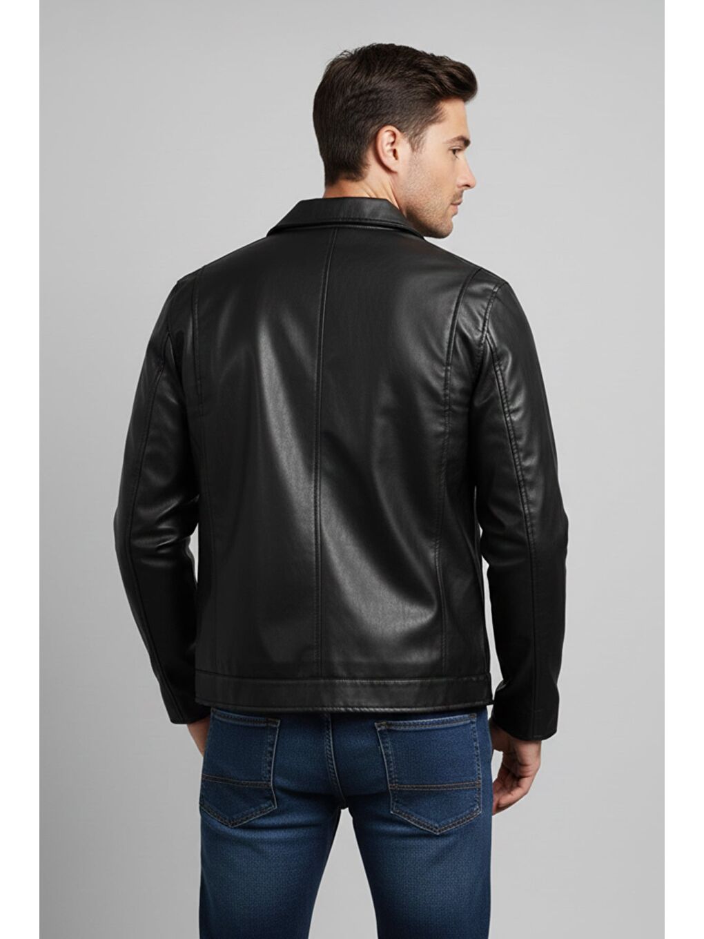 Siyah Fermuarlı Çift Cepli Suni Deri Ceket-1