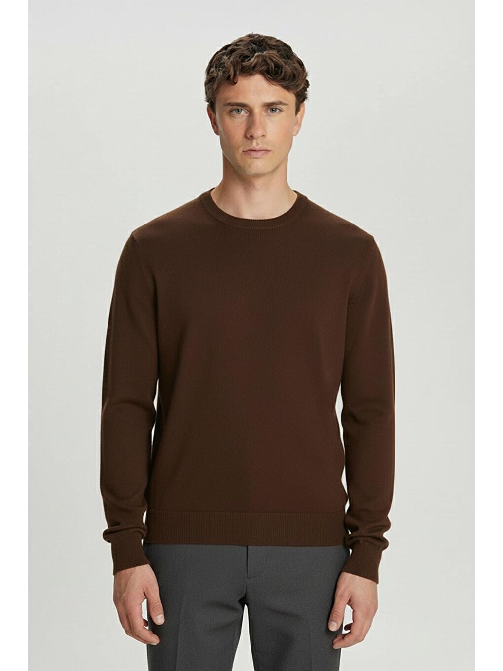 Kahverengi Kiremit Standart Fit Yün Karışımlı Bisiklet Yaka Düz Erkek Triko Kazak