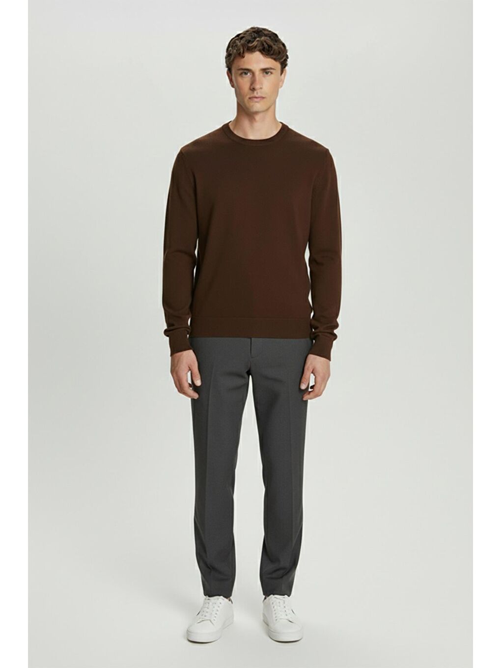 Kahverengi Kiremit Standart Fit Yün Karışımlı Bisiklet Yaka Düz Erkek Triko Kazak-1