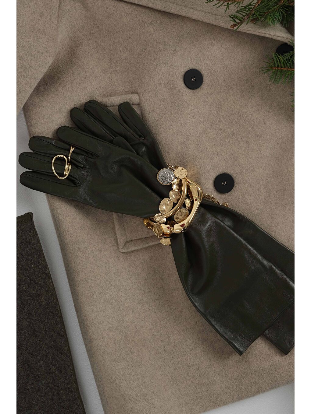 %100 Deri Uzun Eldiven Haki-2