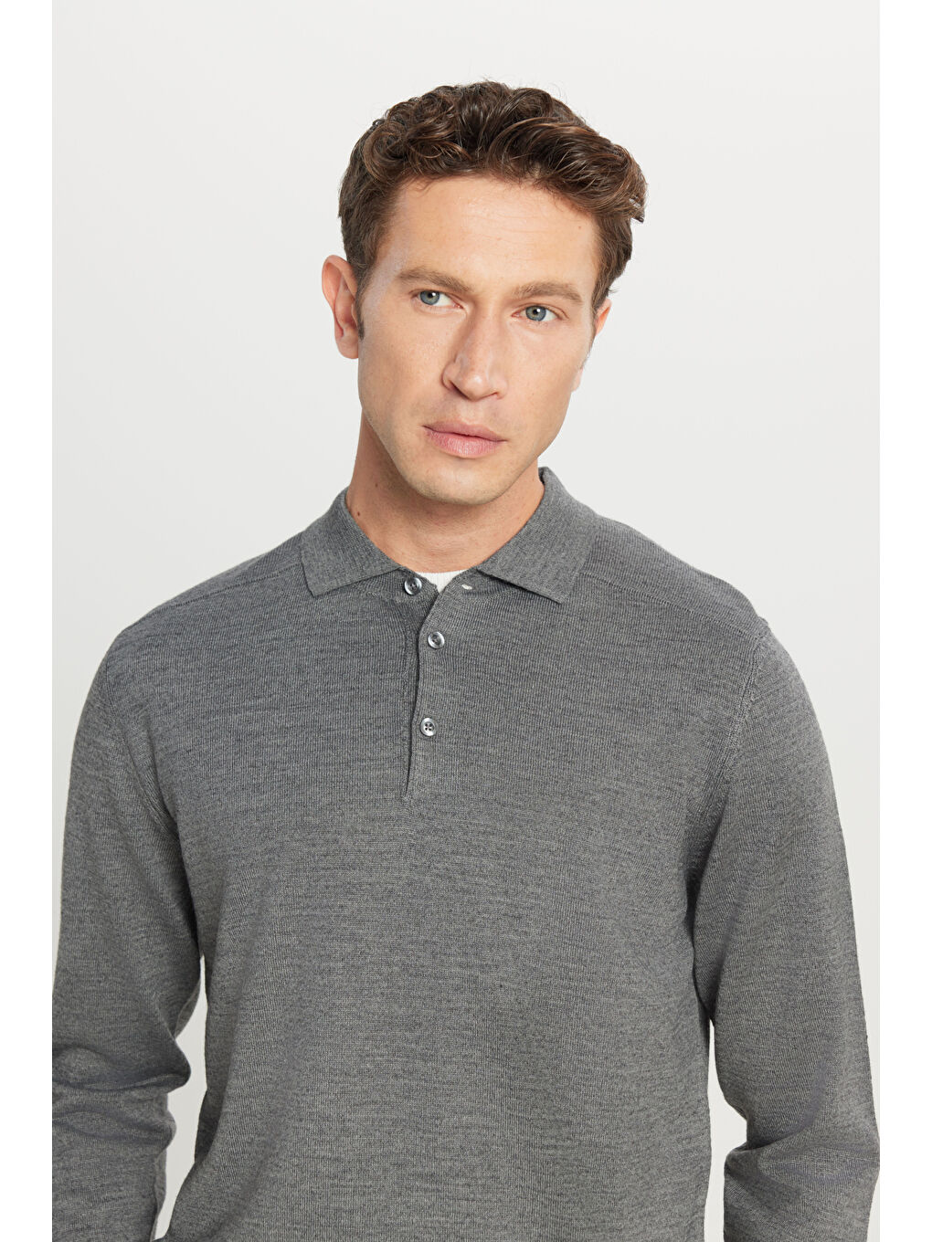 Erkek Gri Melanj Yünlü Standart Fit Normal Kesim Polo Yaka Basic Triko Kazak-3