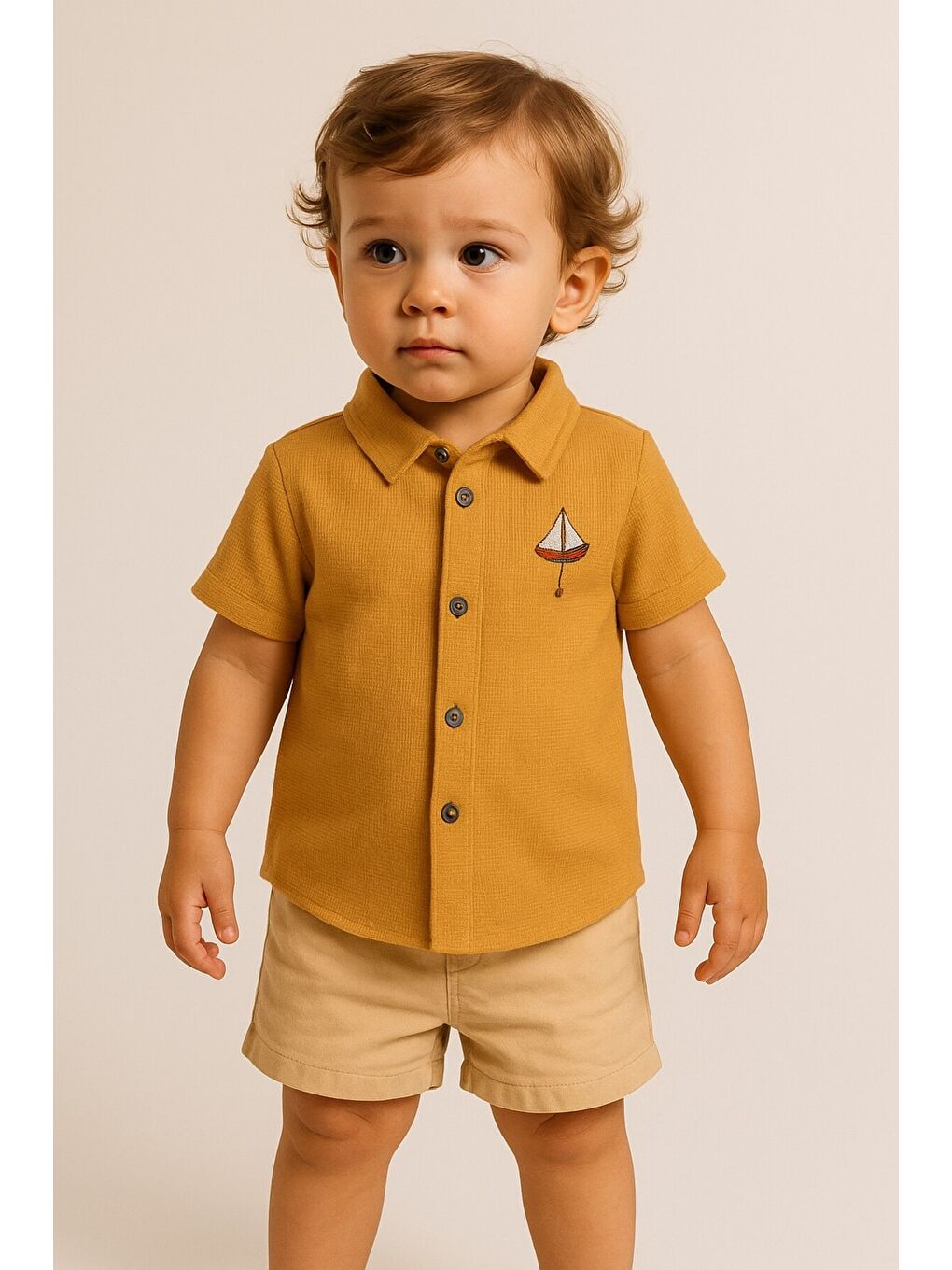 Turuncu Tarz Erkek Bebek Gömlekli Yelken Desenli Belden Ayarlanabilir Kısa Kollu Şortlu 2'li Takım-1