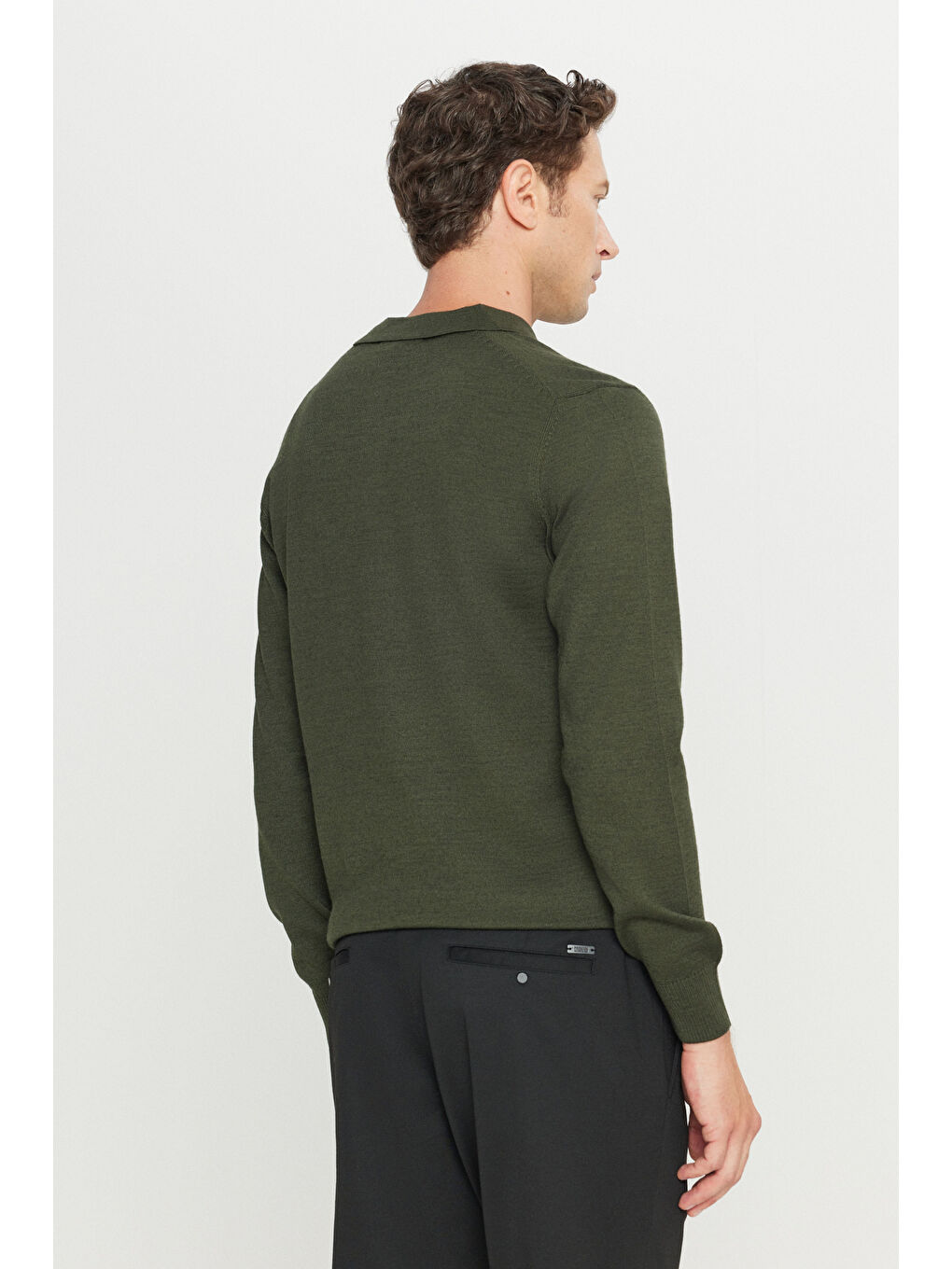 Erkek Haki Yünlü Standart Fit Normal Kesim Polo Yaka Basic Triko Kazak-4