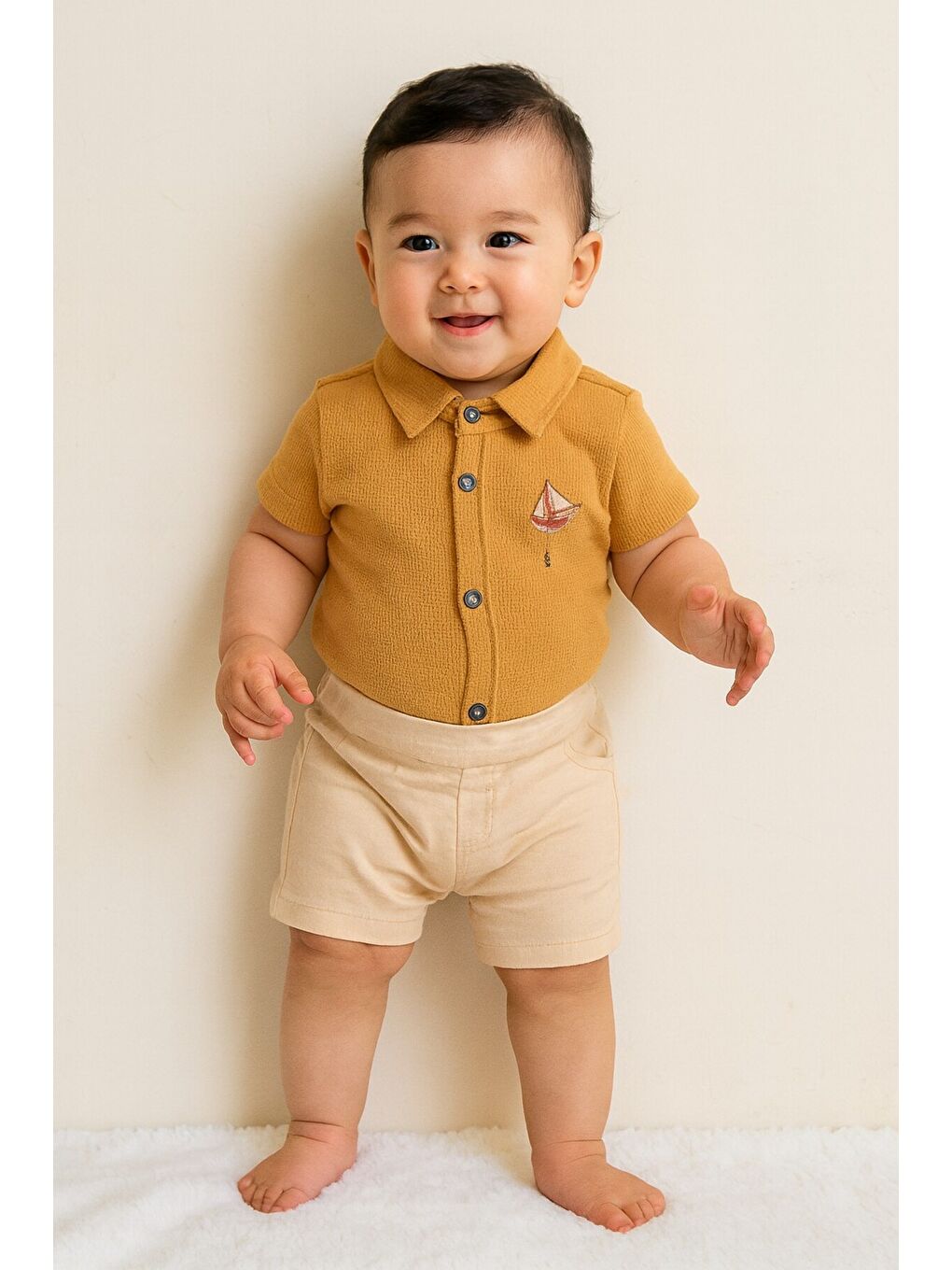 Turuncu Tarz Erkek Bebek Gömlekli Yelken Desenli Belden Ayarlanabilir Kısa Kollu Şortlu 2'li Takım-2