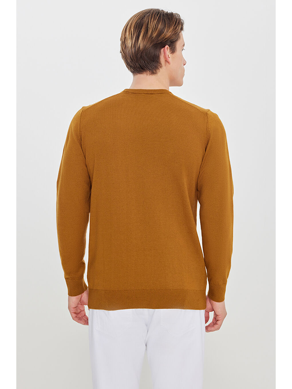 Erkek Kahverengi %100 Pamuk Standart Fit Bisiklet Yaka Jakarlı Triko Kazak-4