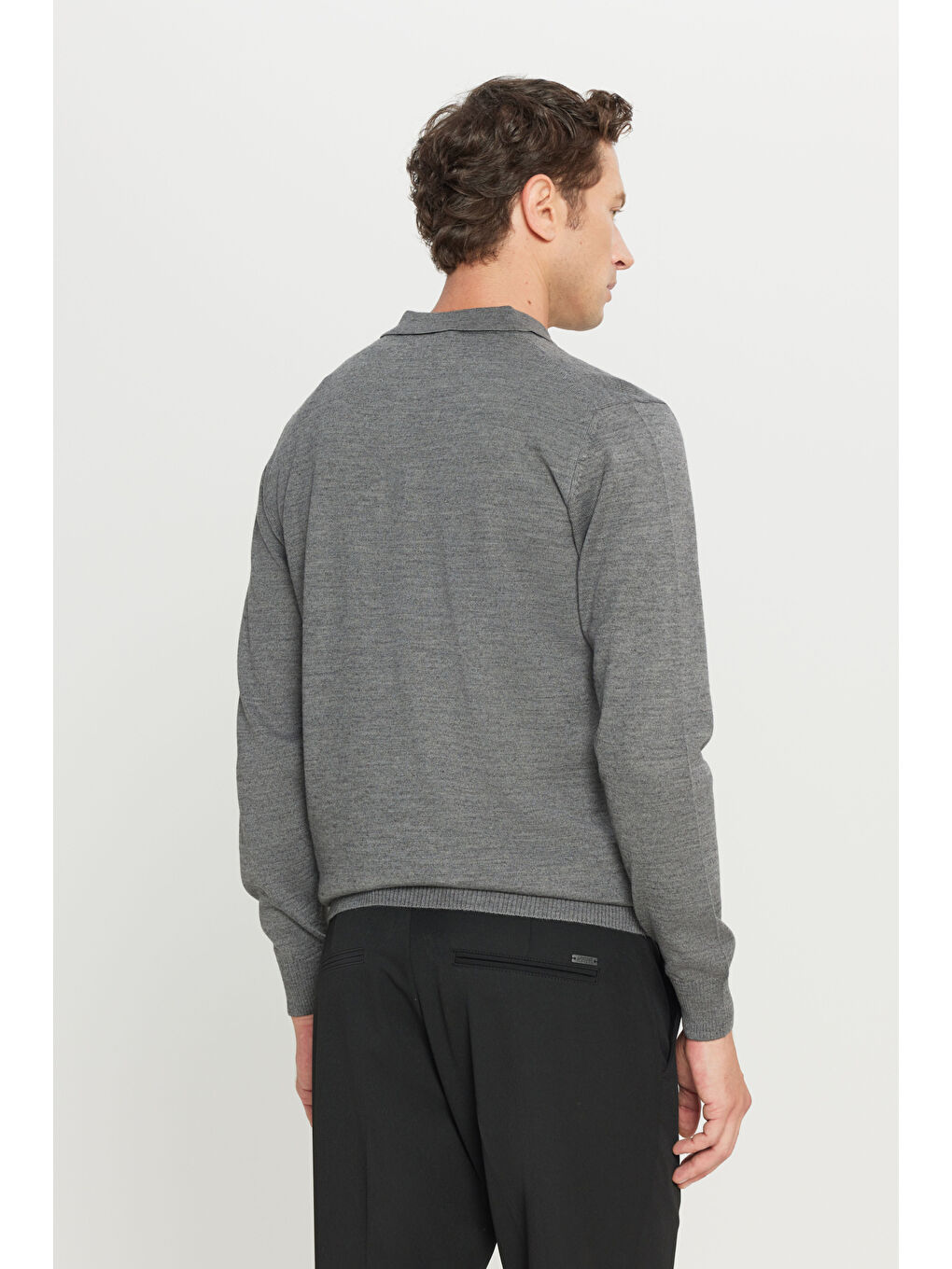 Erkek Gri Melanj Yünlü Standart Fit Normal Kesim Polo Yaka Basic Triko Kazak-4
