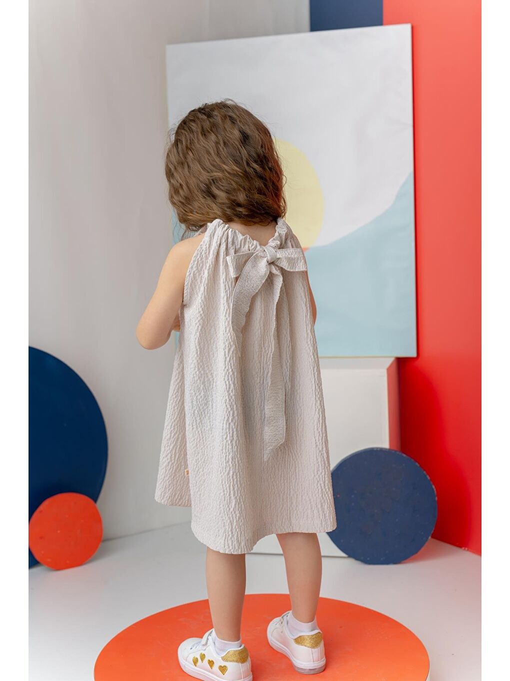 Bej Kız Çocuk Çizgili Arkası Fiyonklu Gofre Elbise - Taş Çizgili-2