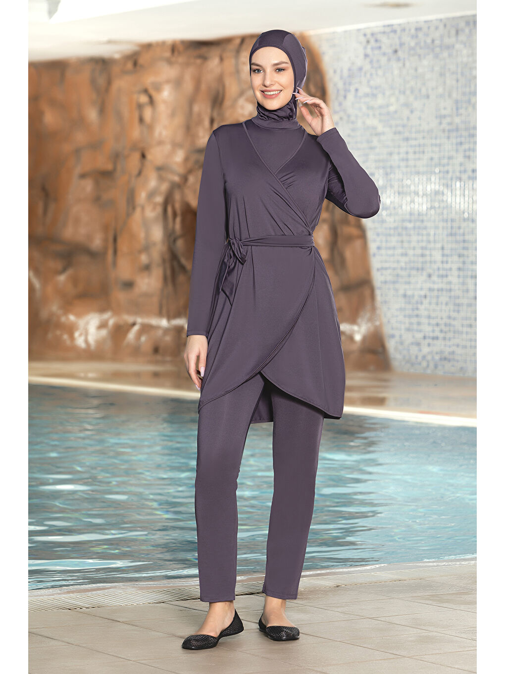 3 lü Pareolu Elastanlı Tam Kapalı Tesettür Mayo 1252 30 Mor