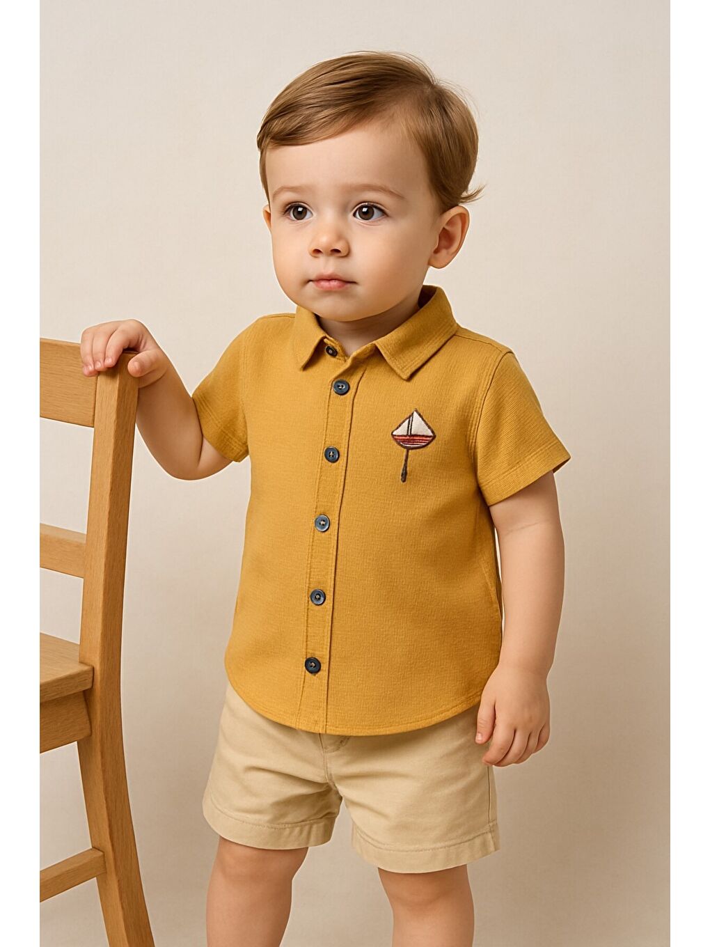 Turuncu Tarz Erkek Bebek Gömlekli Yelken Desenli Belden Ayarlanabilir Kısa Kollu Şortlu 2'li Takım-3