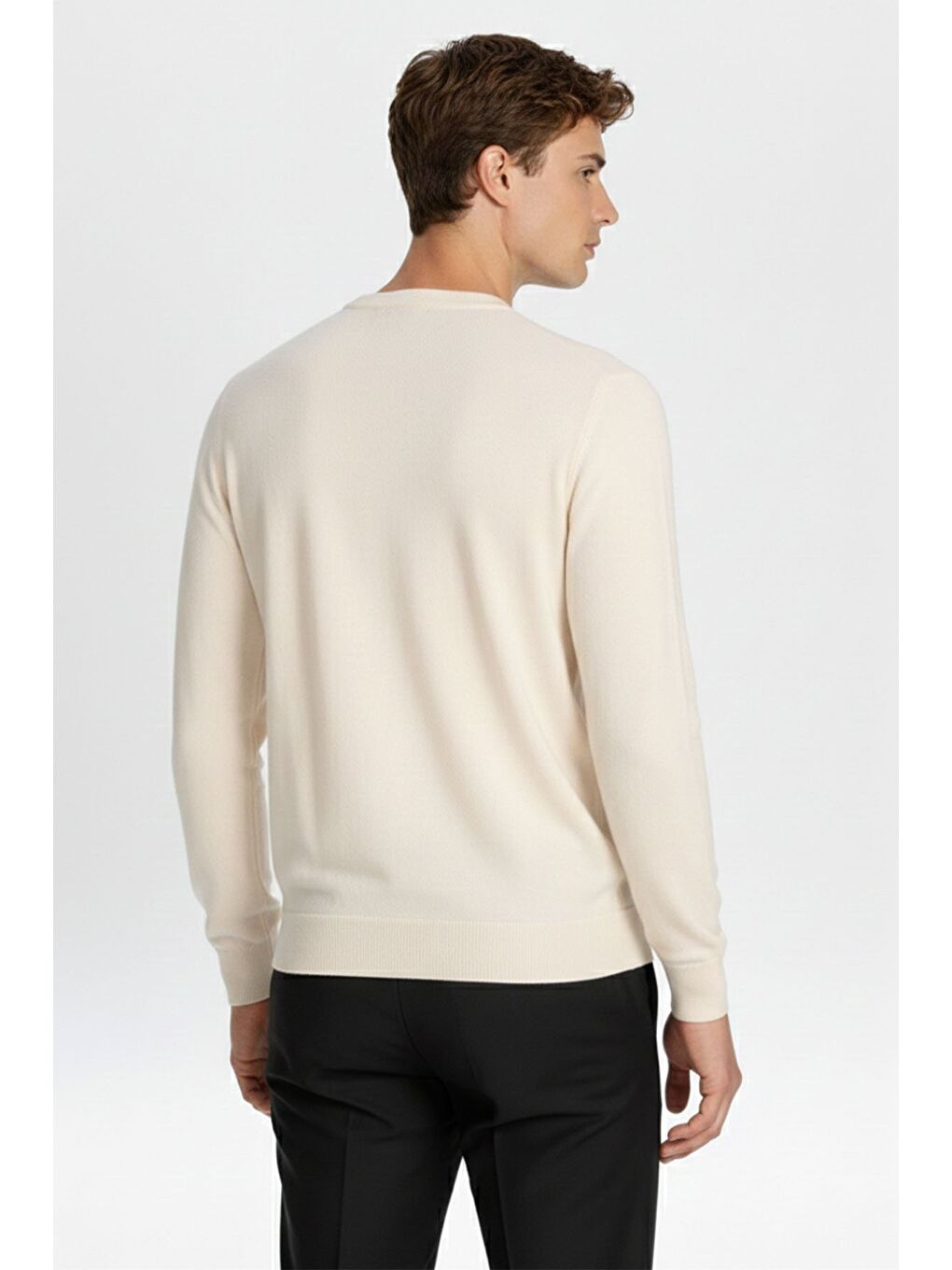 Beyaz Kemik Standart Fit Yün Karışımlı Bisiklet Yaka Düz Erkek Triko Kazak-1