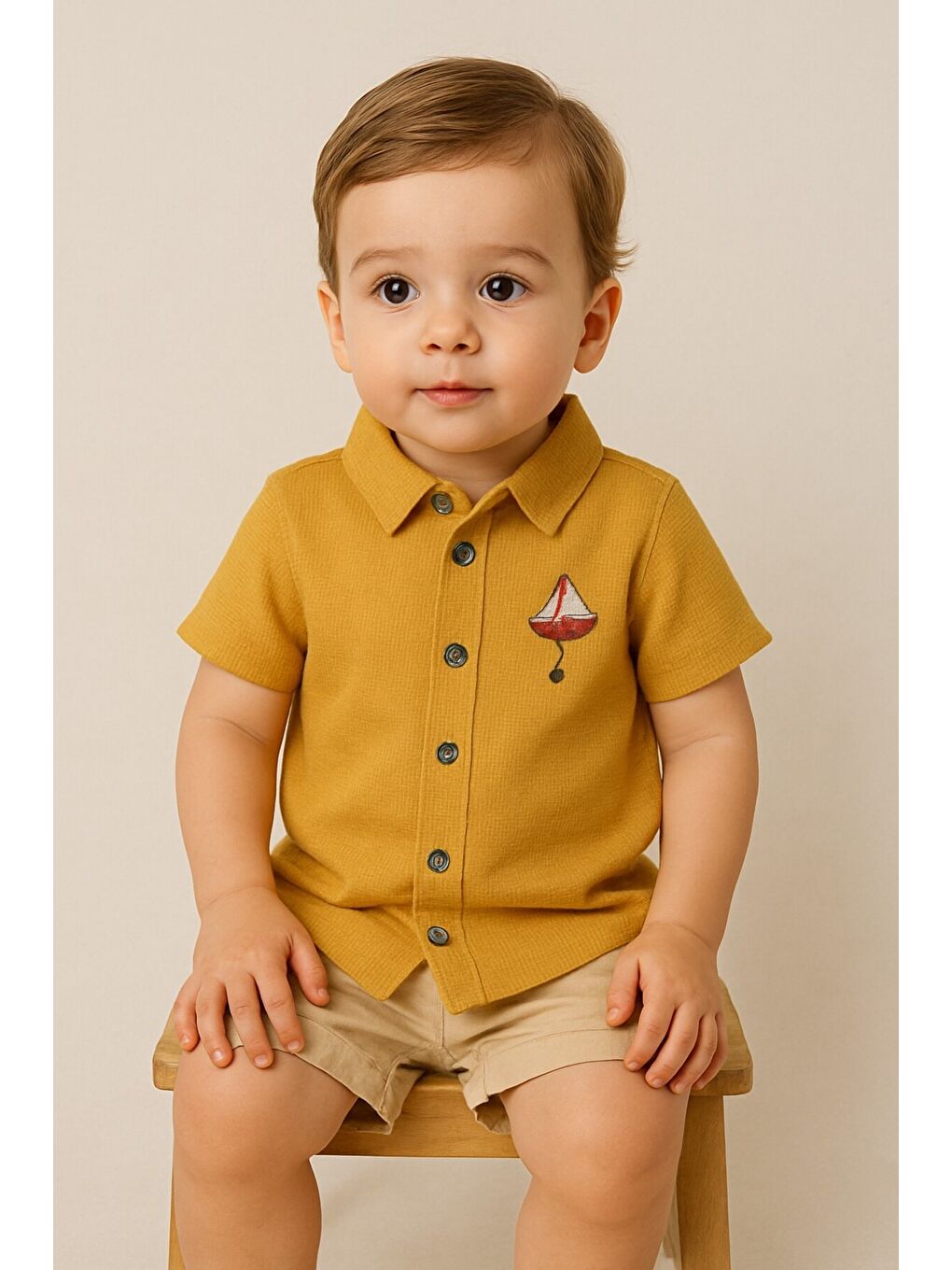 Turuncu Tarz Erkek Bebek Gömlekli Yelken Desenli Belden Ayarlanabilir Kısa Kollu Şortlu 2'li Takım-4