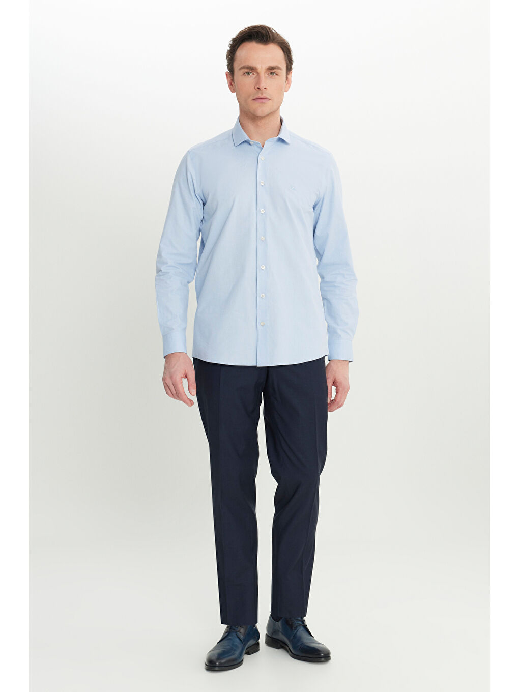 Erkek Mavi Slim Fit Dar Kesim Küçük İtalyan Yaka Armürlü Gömlek-1