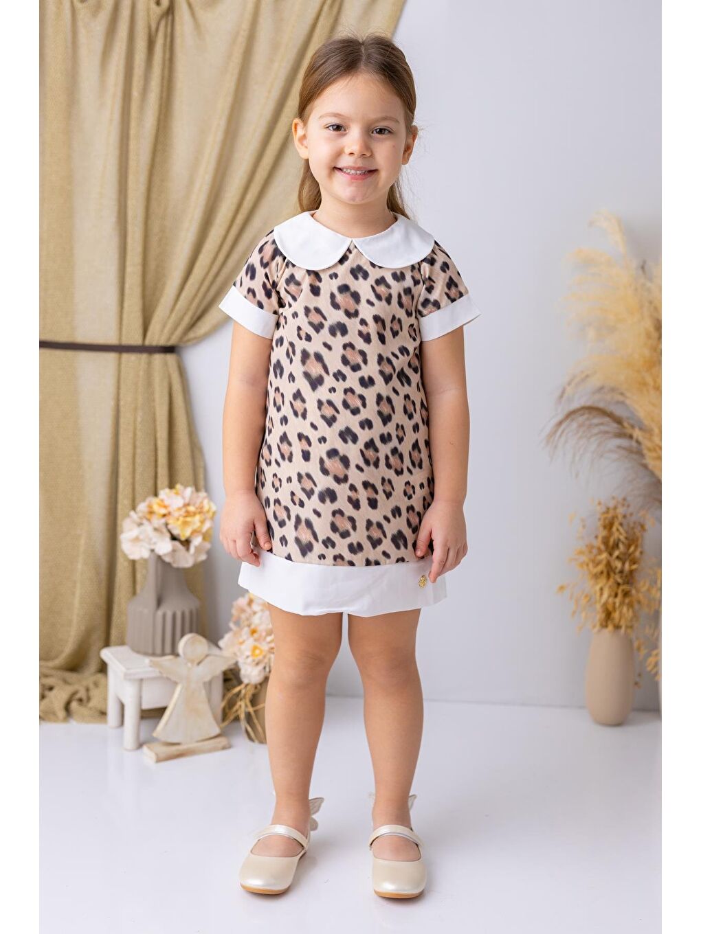 Kahverengi Kız Çocuk Bebe Yaka Leopar Desenli Şifon Elbise - Leopar Desenli