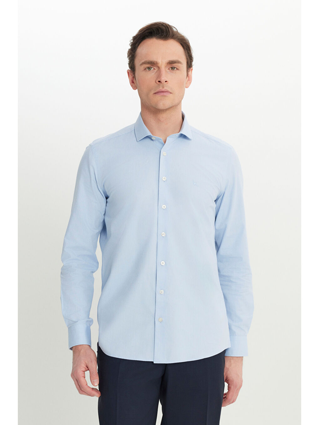 Erkek Mavi Slim Fit Dar Kesim Küçük İtalyan Yaka Armürlü Gömlek-2