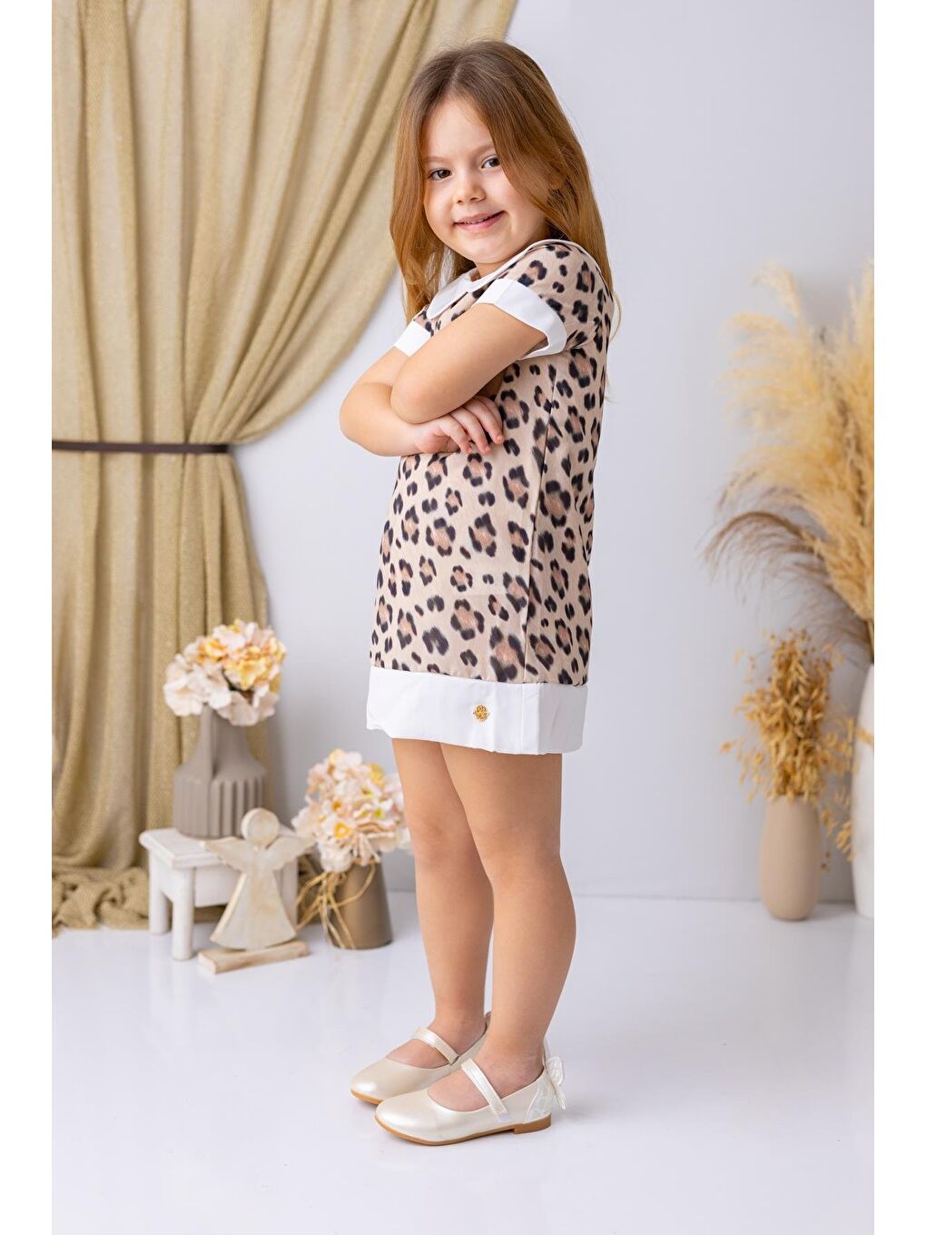 Kahverengi Kız Çocuk Bebe Yaka Leopar Desenli Şifon Elbise - Leopar Desenli-1