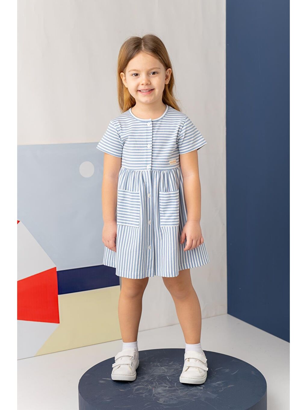 Kız Çocuk Çizgili Yarım Kol Penye Elbise - Mavi Çizgili