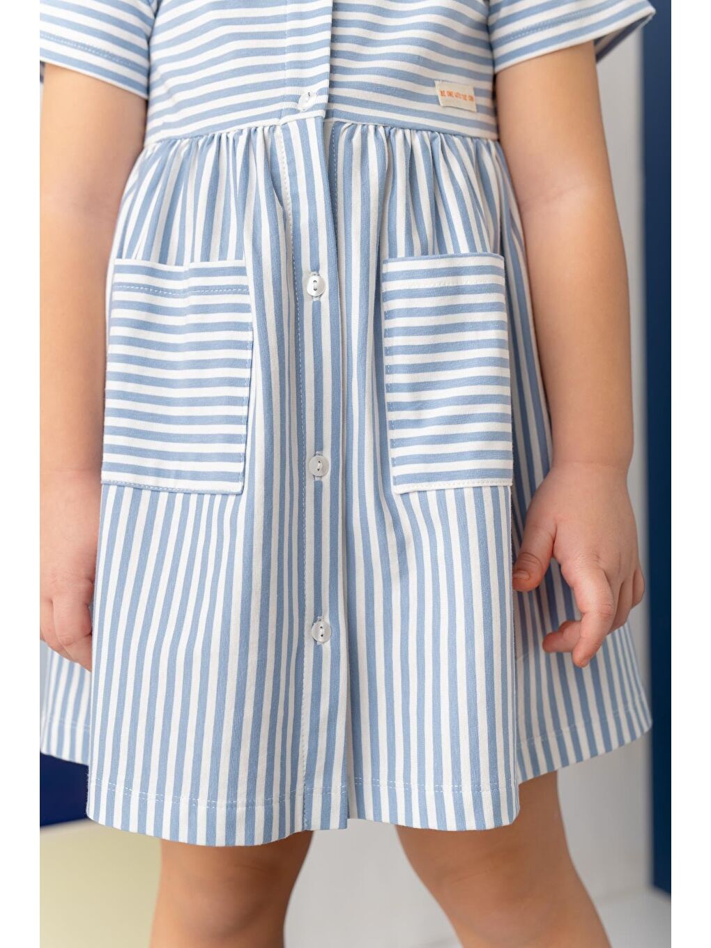 Kız Çocuk Çizgili Yarım Kol Penye Elbise - Mavi Çizgili-2