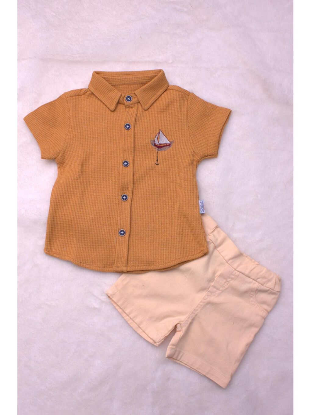 Turuncu Tarz Erkek Bebek Gömlekli Yelken Desenli Belden Ayarlanabilir Kısa Kollu Şortlu 2'li Takım-5