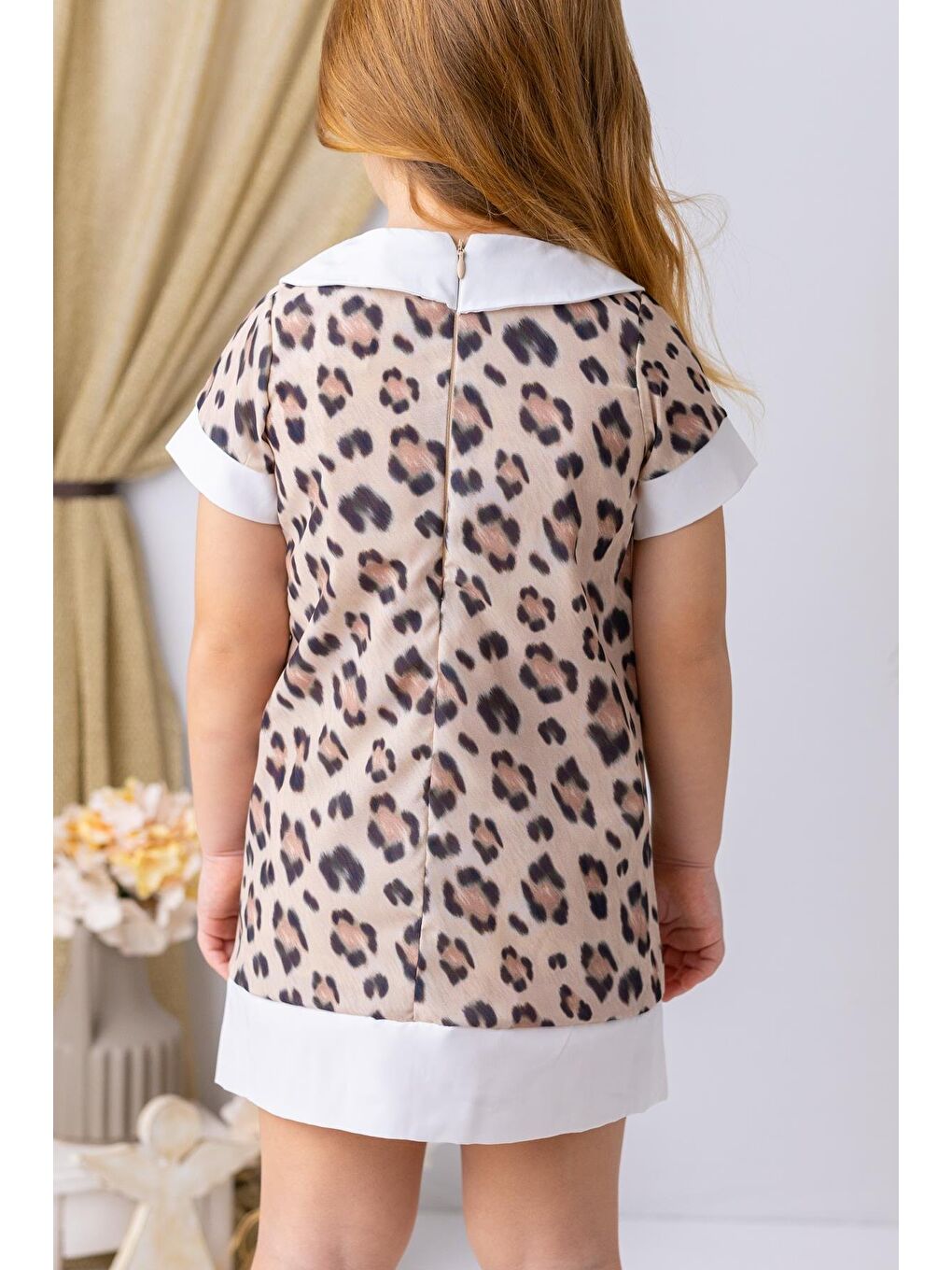 Kahverengi Kız Çocuk Bebe Yaka Leopar Desenli Şifon Elbise - Leopar Desenli-2