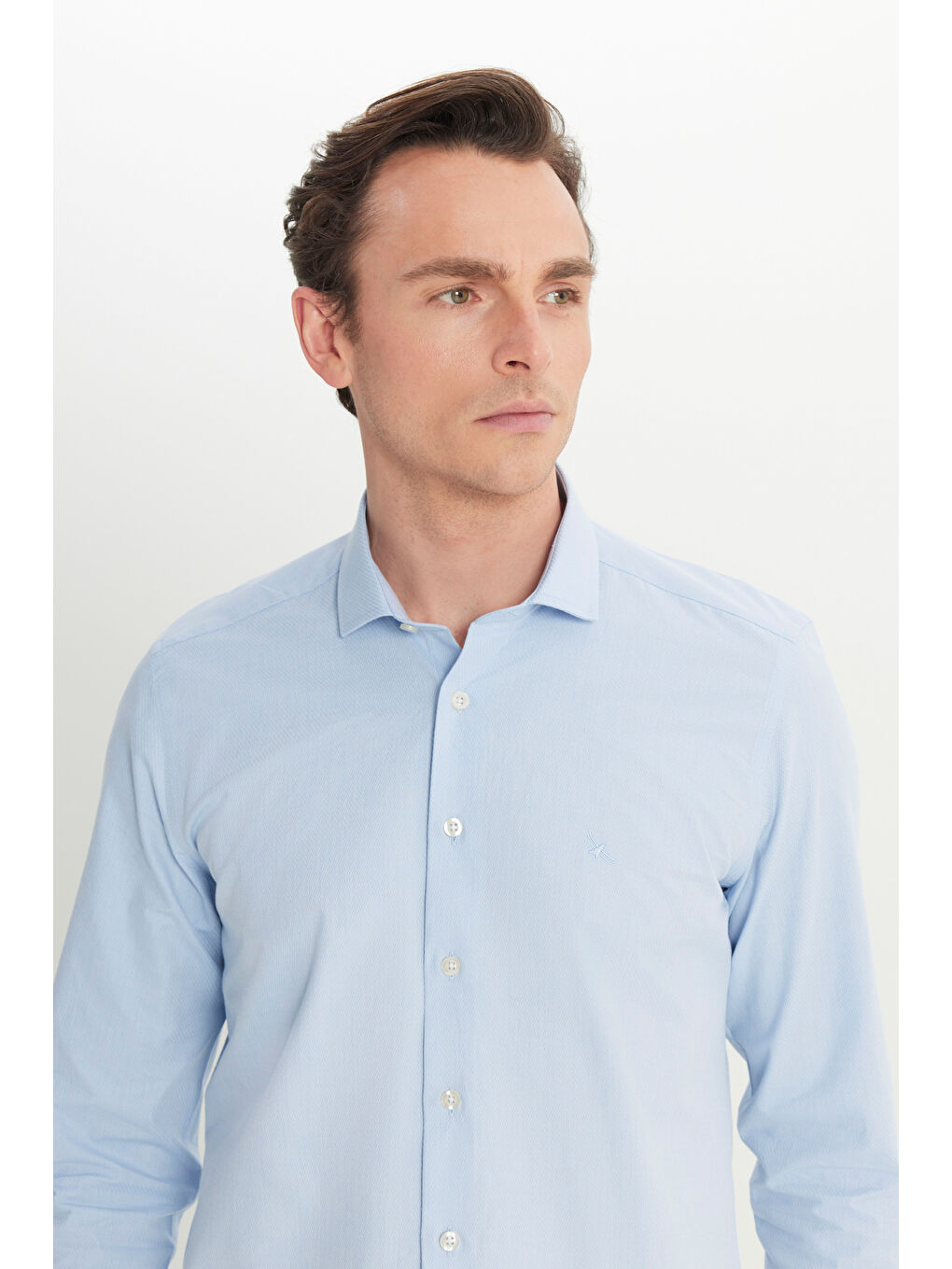 Erkek Mavi Slim Fit Dar Kesim Küçük İtalyan Yaka Armürlü Gömlek-3