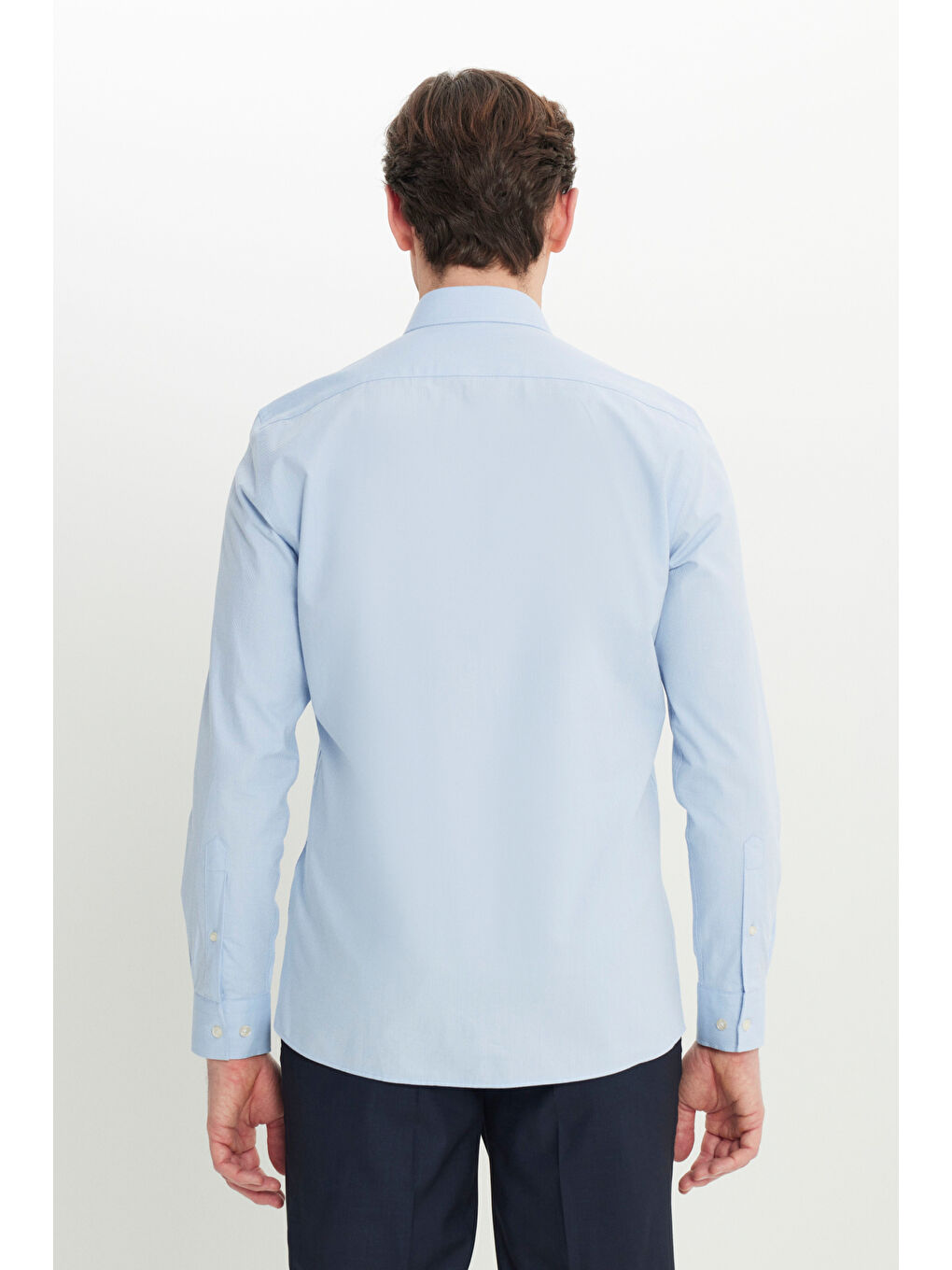 Erkek Mavi Slim Fit Dar Kesim Küçük İtalyan Yaka Armürlü Gömlek-4