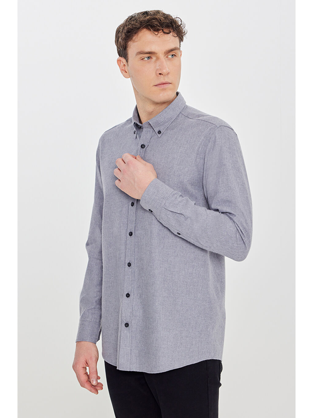 Erkek Gri Pamuklu Slim Fit Dar Kesim Düğmeli Yaka Diagonal Desenli Flanel Gömlek-2