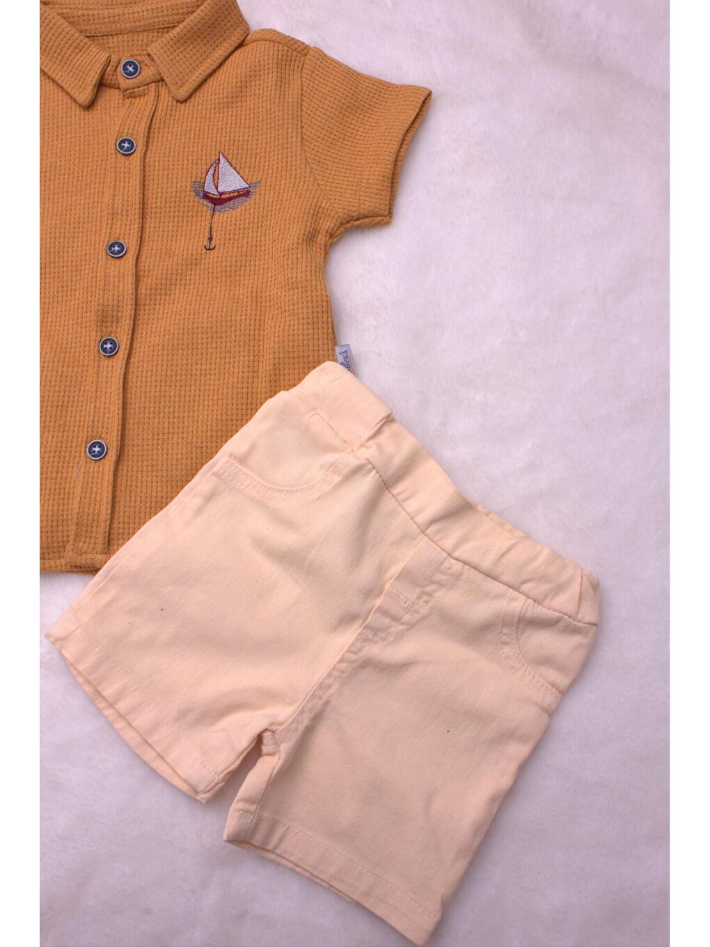 Turuncu Tarz Erkek Bebek Gömlekli Yelken Desenli Belden Ayarlanabilir Kısa Kollu Şortlu 2'li Takım-7