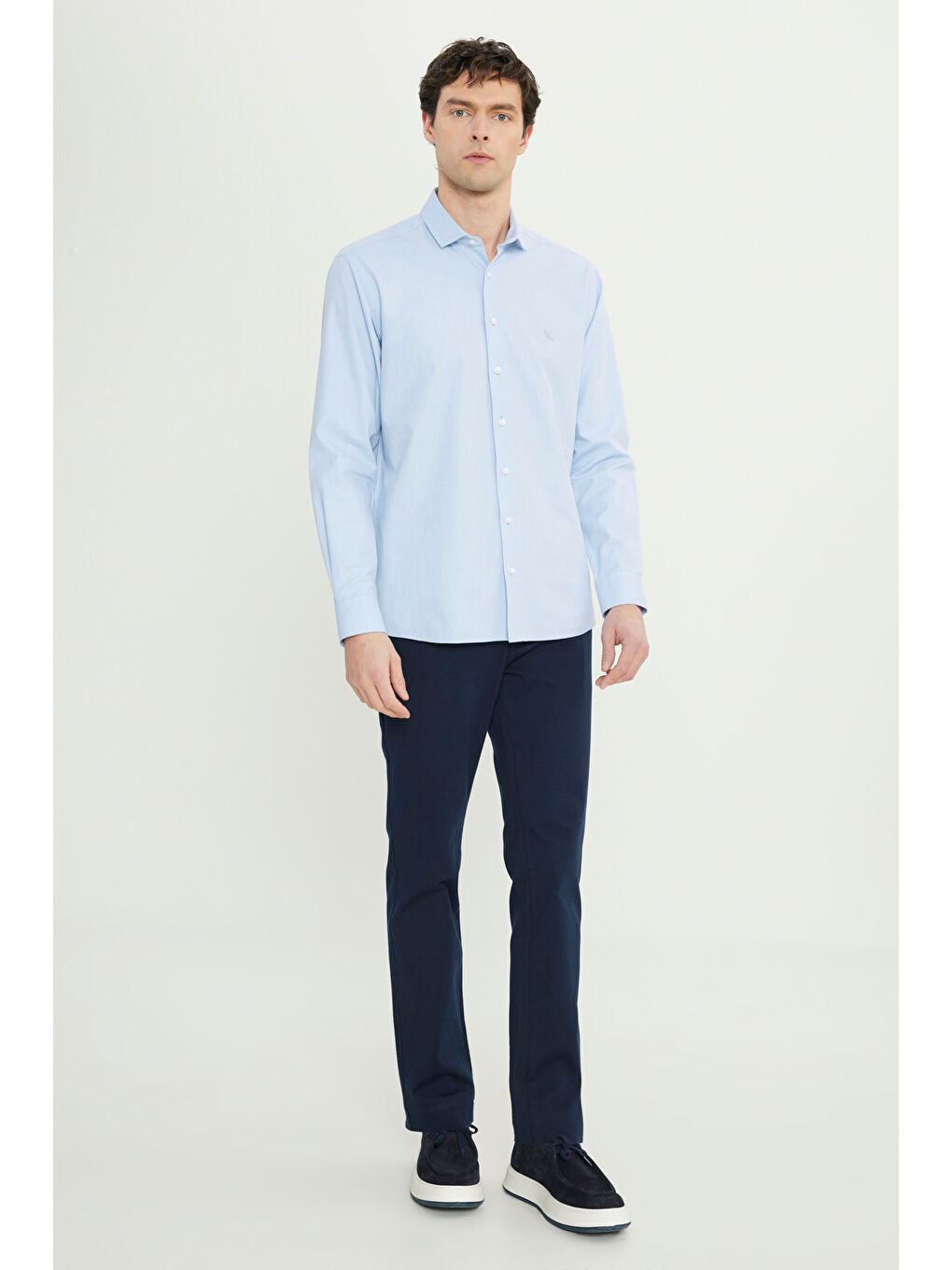 Erkek Mavi %100 Pamuk Regular Fit Normal Kesim Küçük İtalyan Yaka Armürlü Gömlek-1