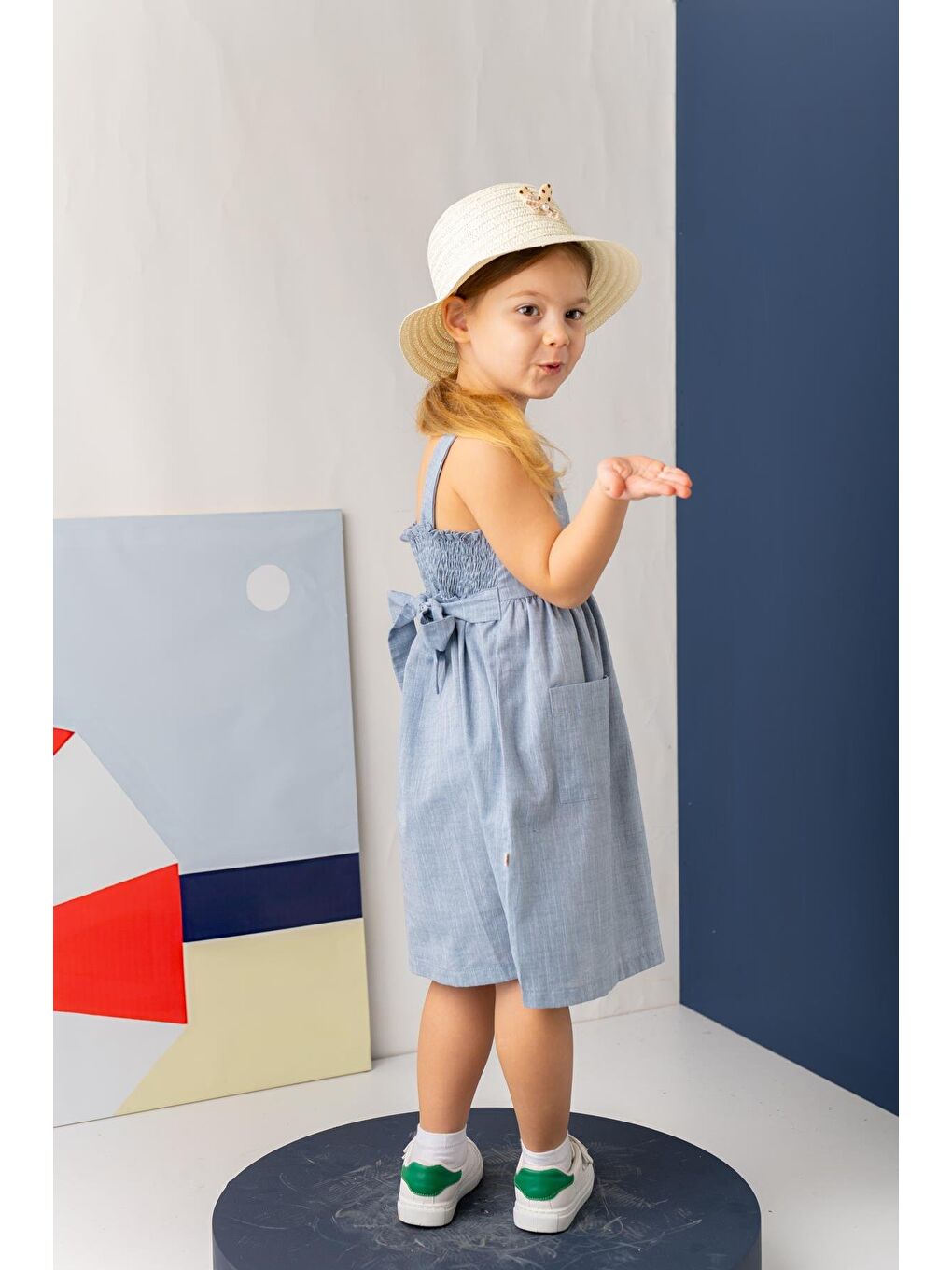 Kız Çocuk Askılı Cepli Midi Elbise - İndigo-1