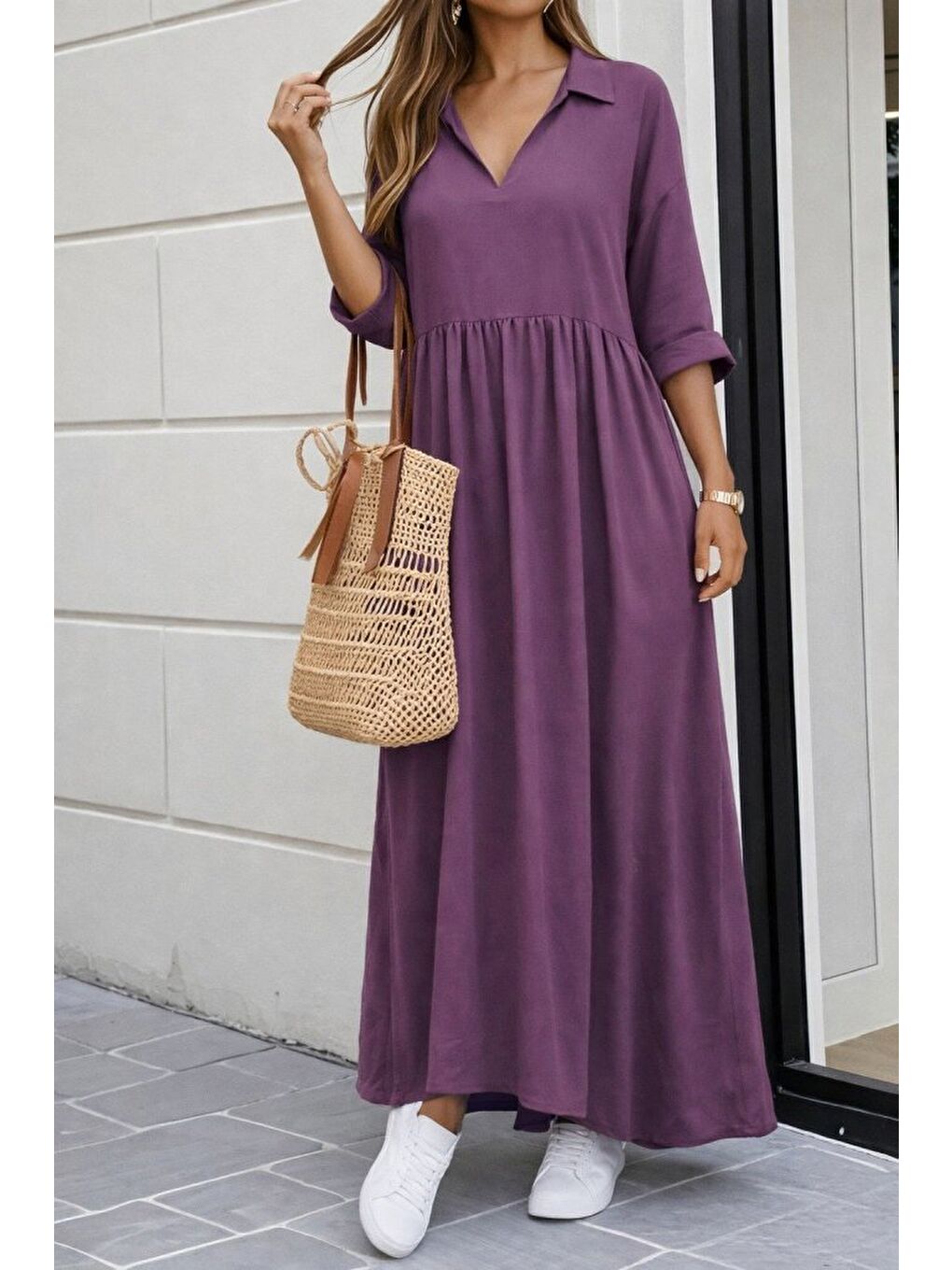 Mor Kadın Truvakar Kollu V Yakalı Yırtmaçlı Uzun Aerobin Elbise