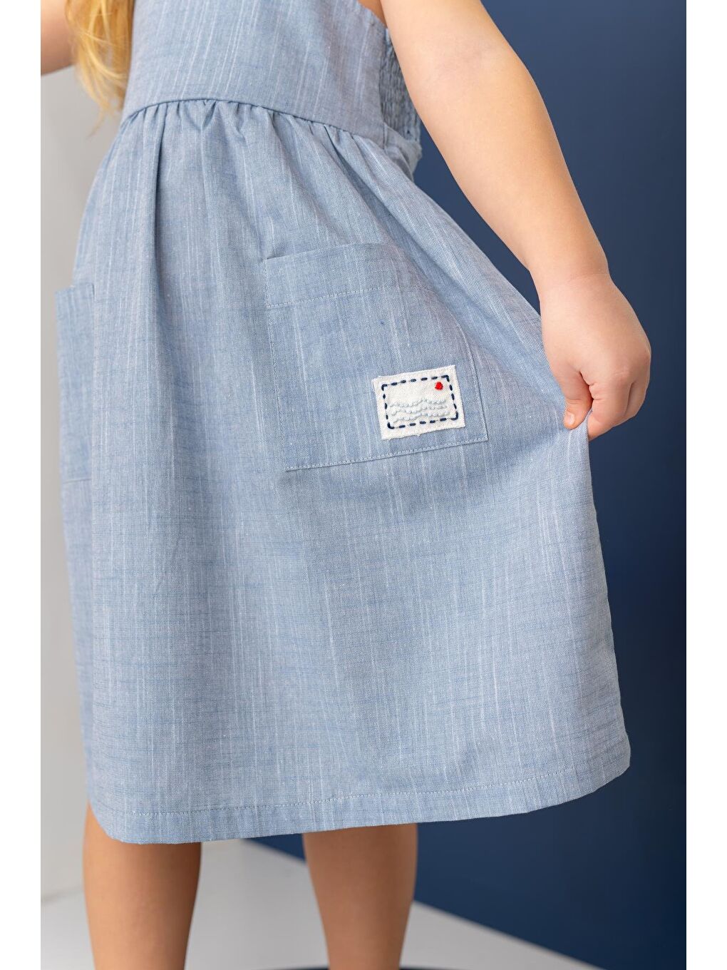 Kız Çocuk Askılı Cepli Midi Elbise - İndigo-2