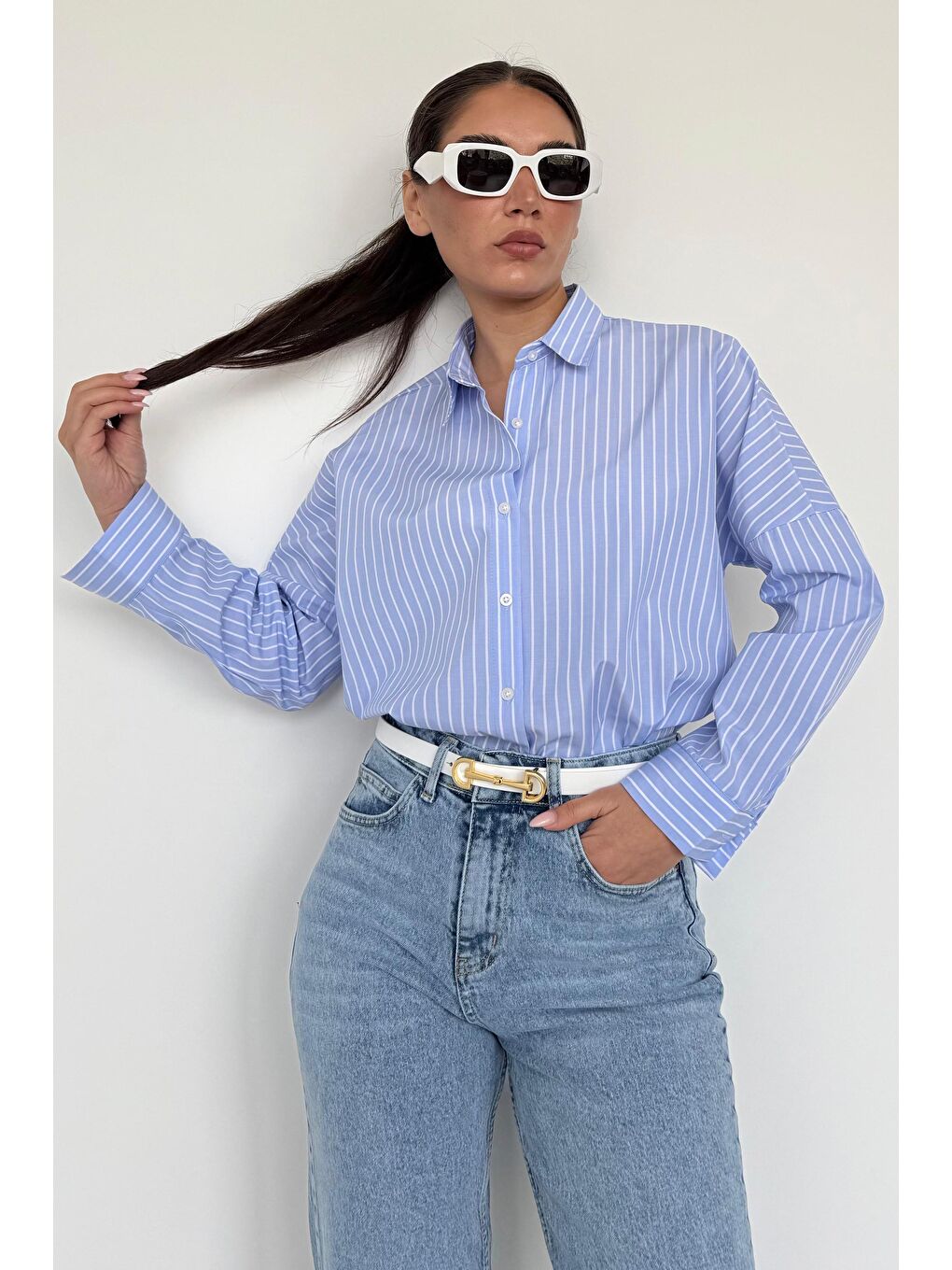 Mavi Çizgili Kadın Gömlek Mg2410-1