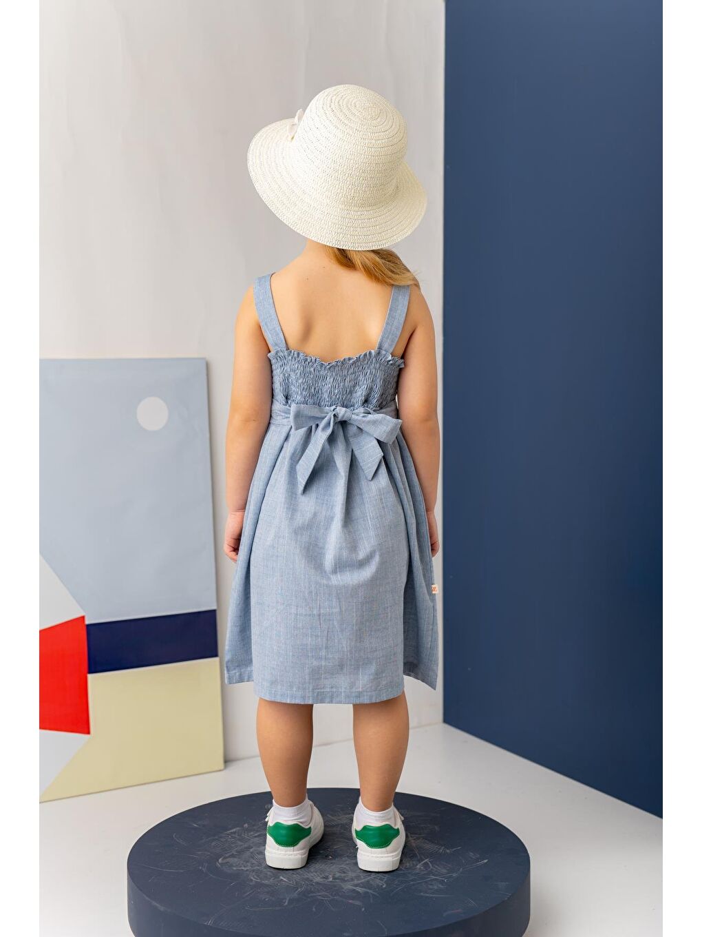 Kız Çocuk Askılı Cepli Midi Elbise - İndigo-3