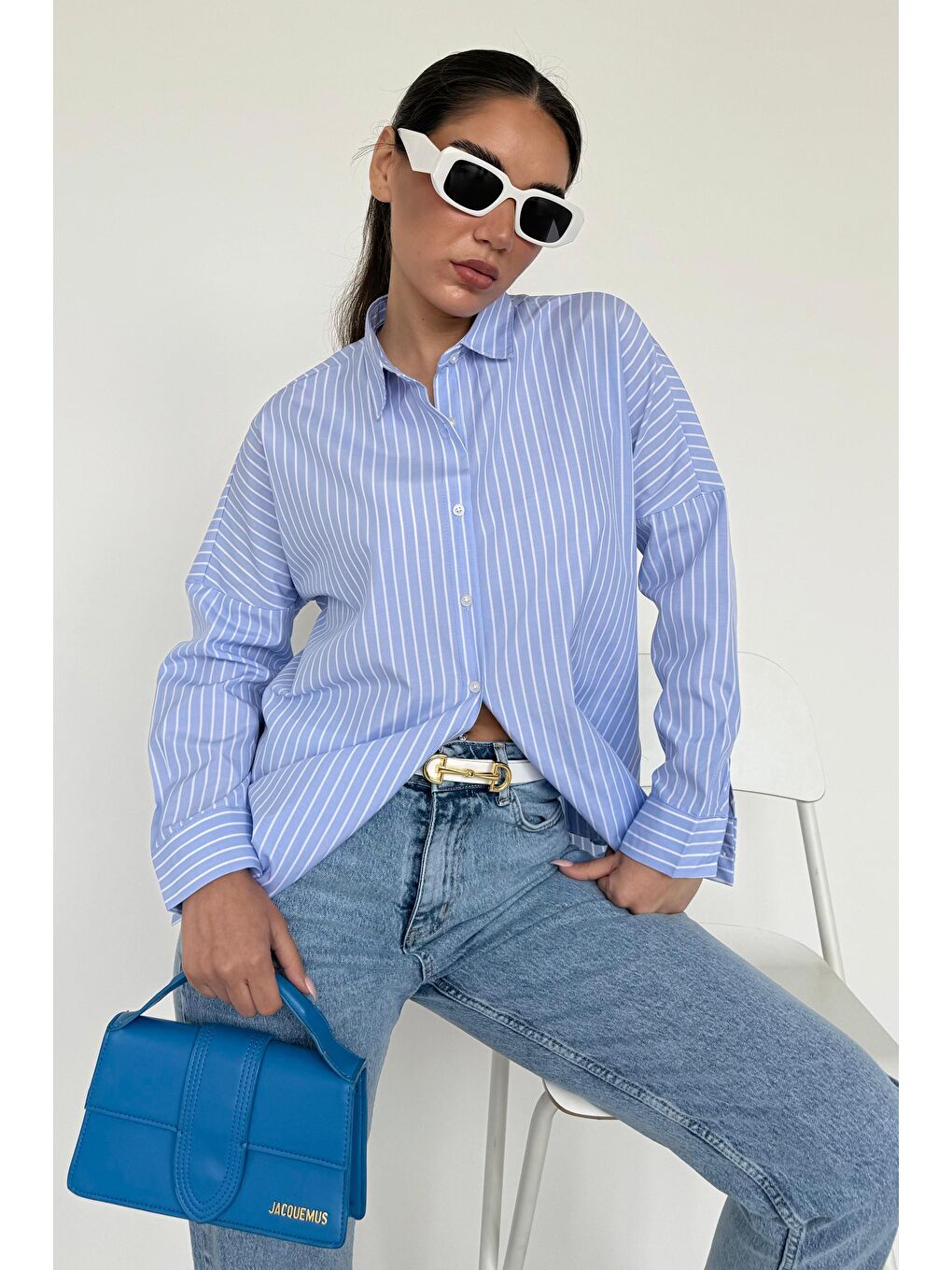 Mavi Çizgili Kadın Gömlek Mg2410-2