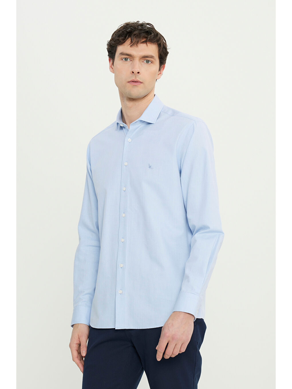 Erkek Mavi %100 Pamuk Regular Fit Normal Kesim Küçük İtalyan Yaka Armürlü Gömlek-2