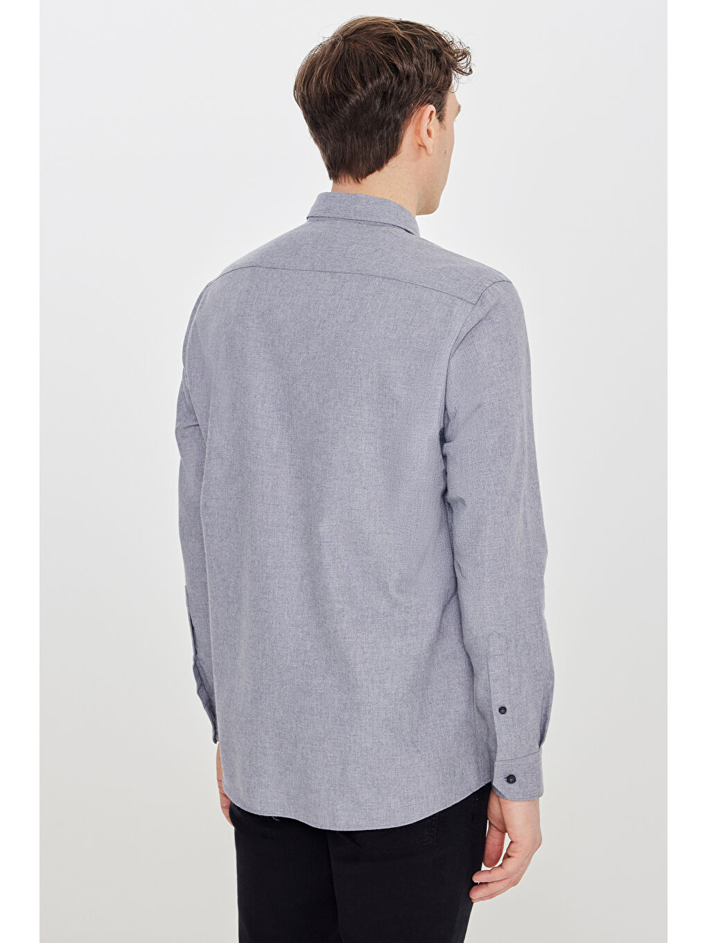 Erkek Gri Pamuklu Slim Fit Dar Kesim Düğmeli Yaka Diagonal Desenli Flanel Gömlek-4