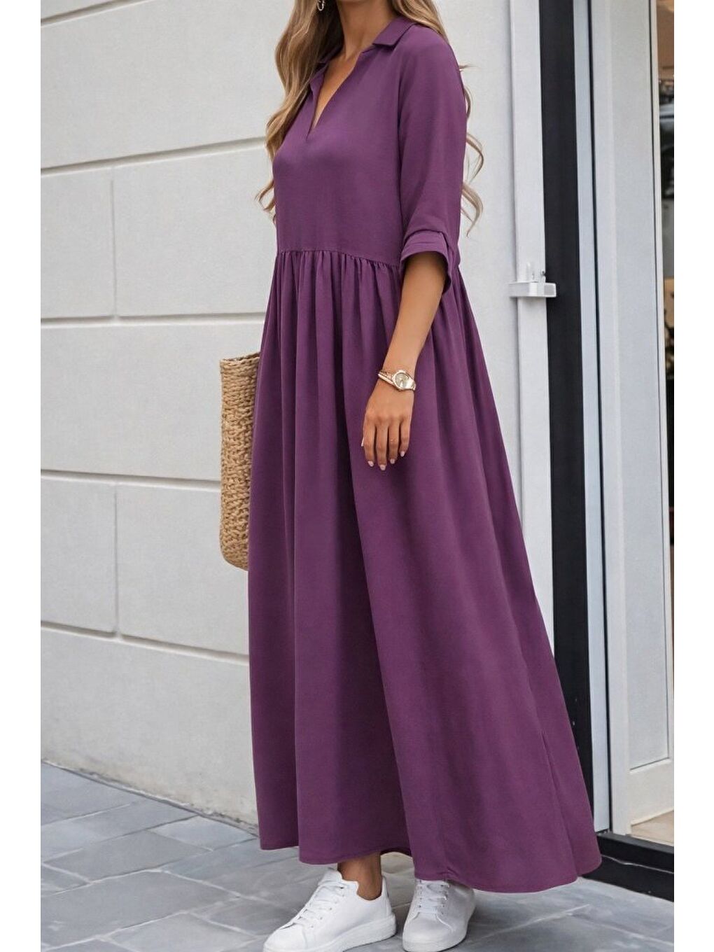 Mor Kadın Truvakar Kollu V Yakalı Yırtmaçlı Uzun Aerobin Elbise-1